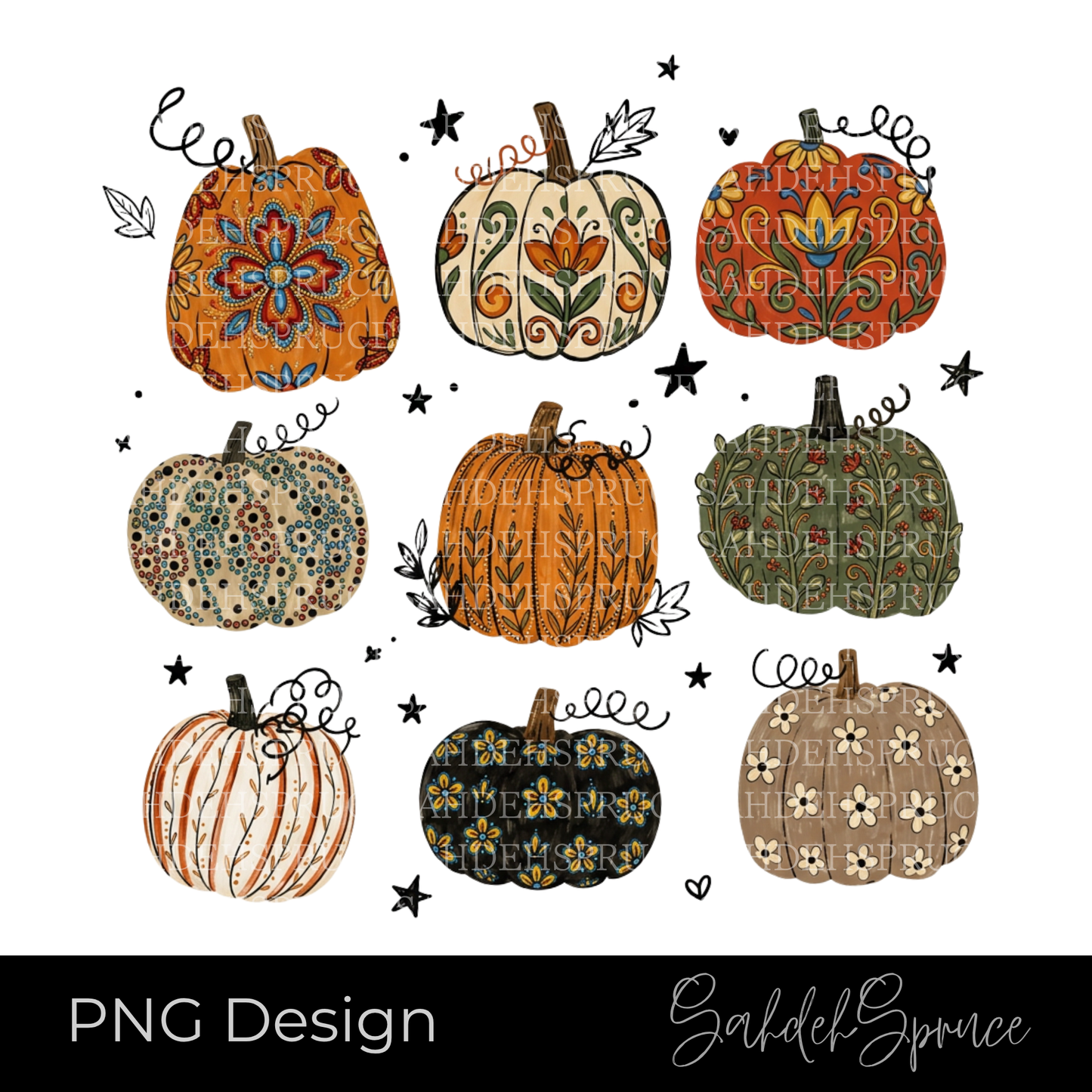 Digital PNG featuring nine decorative pumpkins with Indigenous-inspired floral and botanical patterns in warm autumn colors on a transparent background.