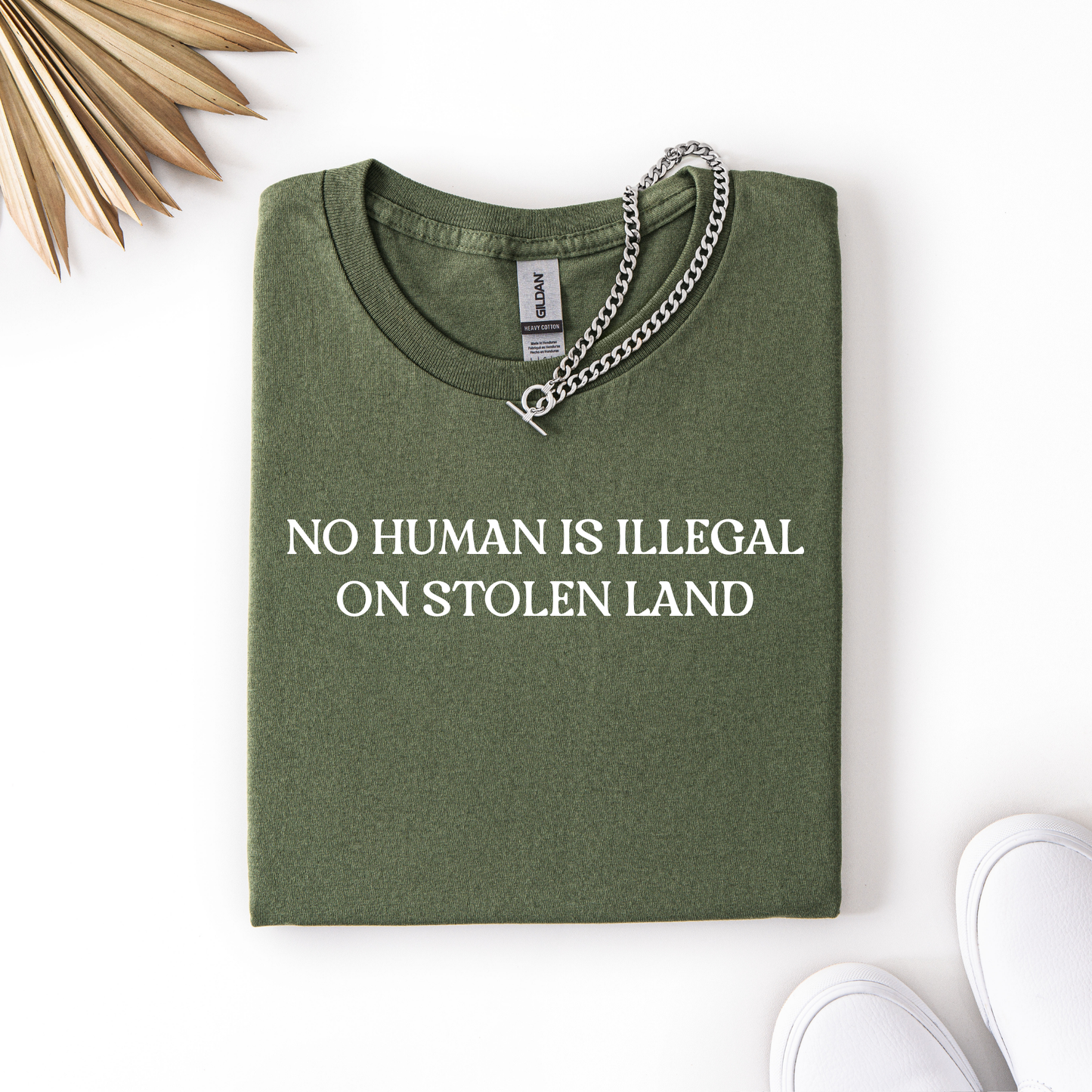 no human is illegal on stolen land shirt, indigenous solidarity shirt, social justice t-shirt, activist shirt, indigenous rights shirt, ally shirt, human rights clothing, minimalist protest tee