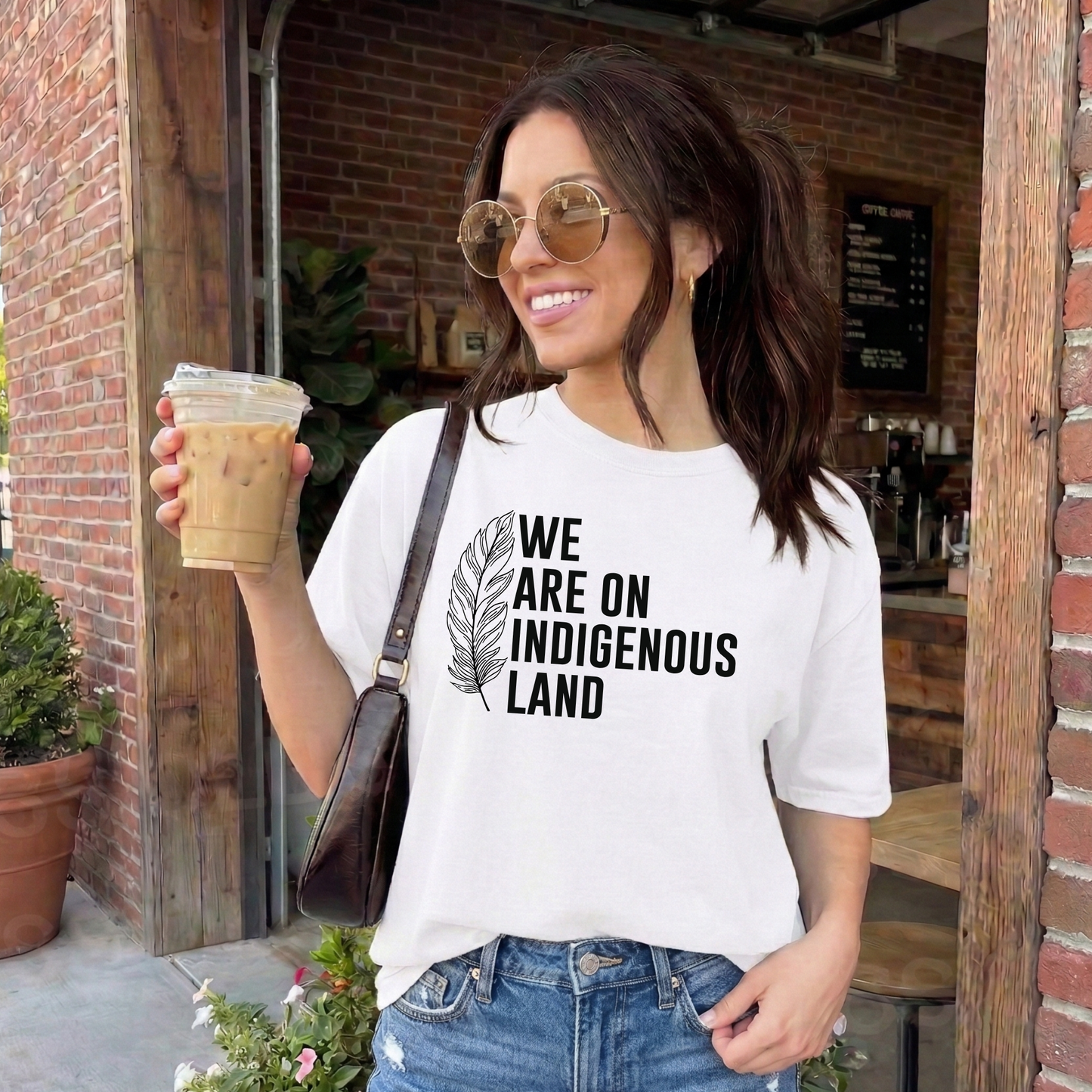 Woman holding a drink outside a building wearing a white t-shirt with 'We are on Indigenous land' text. we are on Indigenous land, Indigenous land acknowledgement, Indigenous shirt, land back shirt, Indigenous awareness tee, unisex graphic tee, solidarity shirt, Indigenous pride, activist shirt, Native apparel, truth and reconciliation, awareness shirt, statement tee, Indigenous owned brand, cultural respect shirt