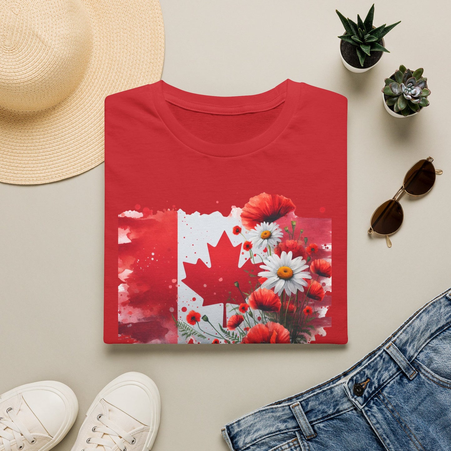 unisex t-shirt featuring a watercolor-style Canadian flag with a red maple leaf surrounded by vibrant red poppies and white daisies, creating a beautiful floral Canada Day design. Canada Day floral shirt, Canadian flag t-shirt, Canada Day graphic tee, patriotic Canada shirt, floral maple leaf shirt, Canadian pride apparel, Canada Day outfit, July 1 clothing, Canadian wildflower shirt, poppy Canada shirt, daisy flag tee, summer Canada shirt, Canadian patriotic clothing, Canada gift ideas, floral Canadian app