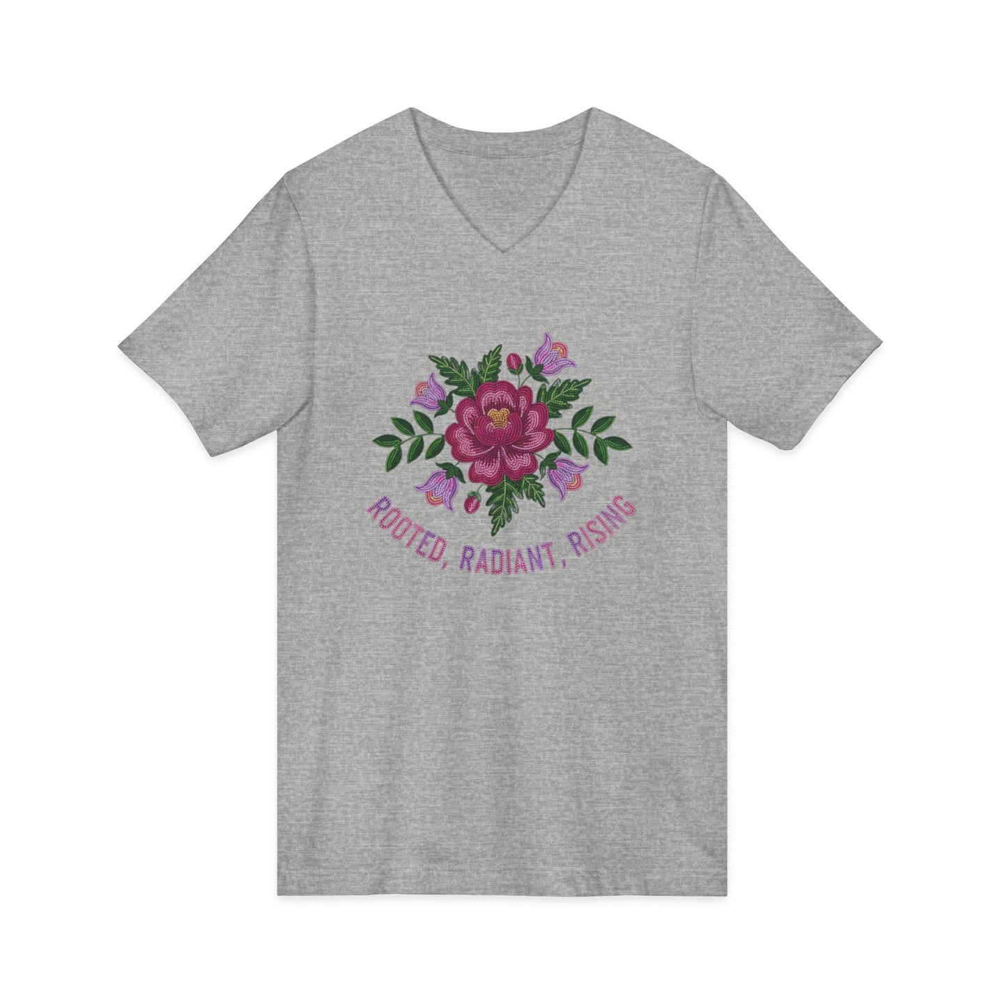 Rooted Radiant Rising Indigenous Beadwork Floral Unisex V-Neck T-Shirt
