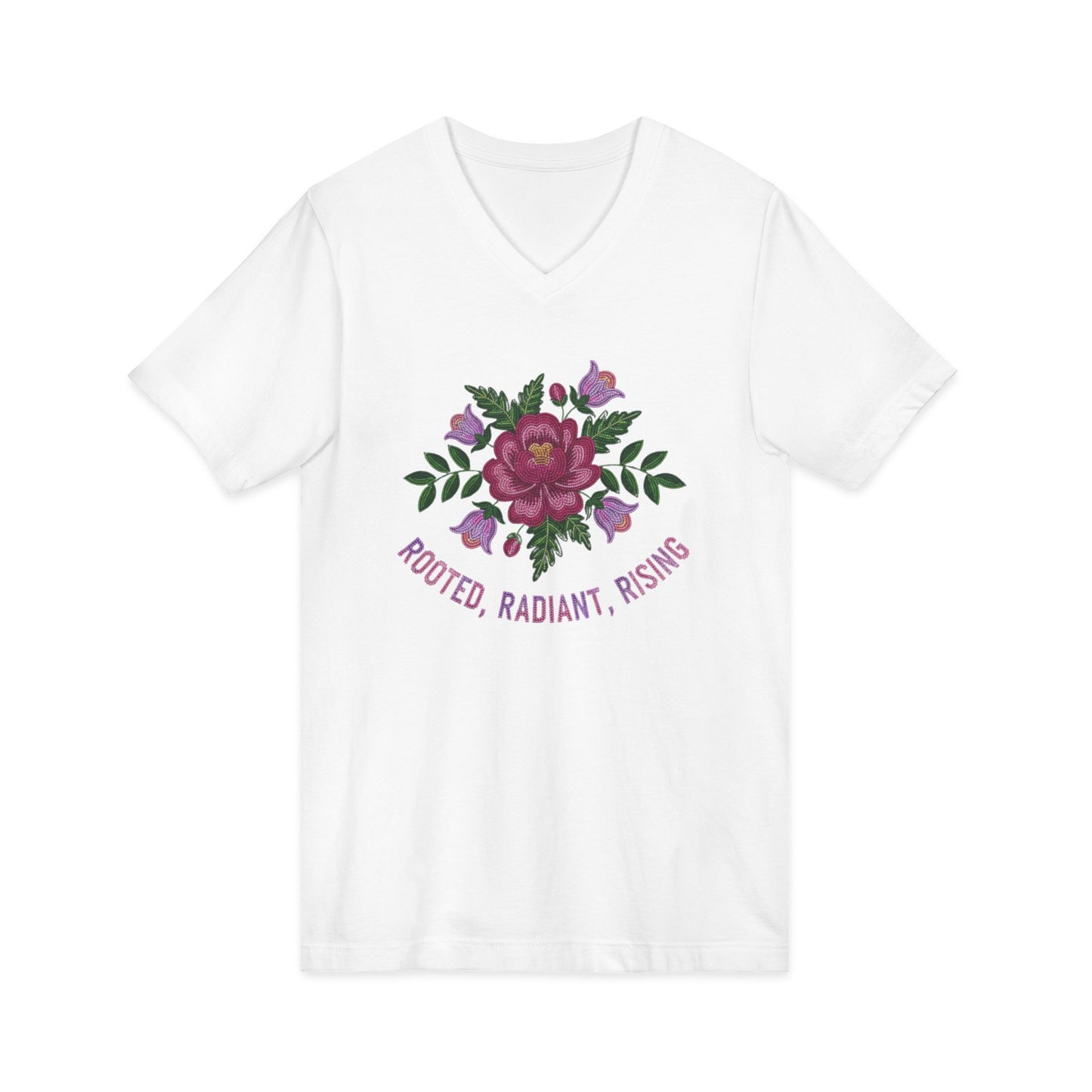 Rooted Radiant Rising Indigenous Beadwork Floral Unisex V-Neck T-Shirt