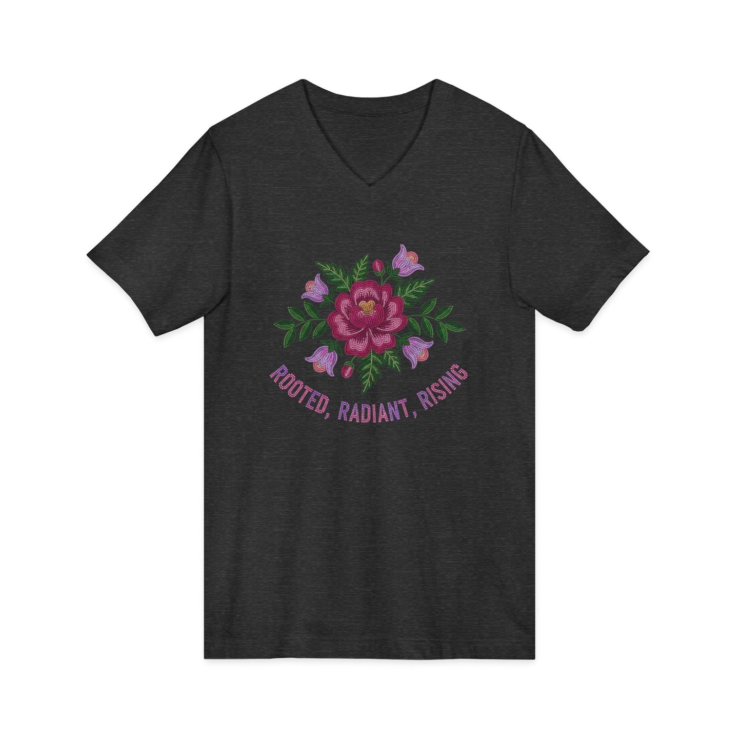 Rooted Radiant Rising Indigenous Beadwork Floral Unisex V-Neck T-Shirt