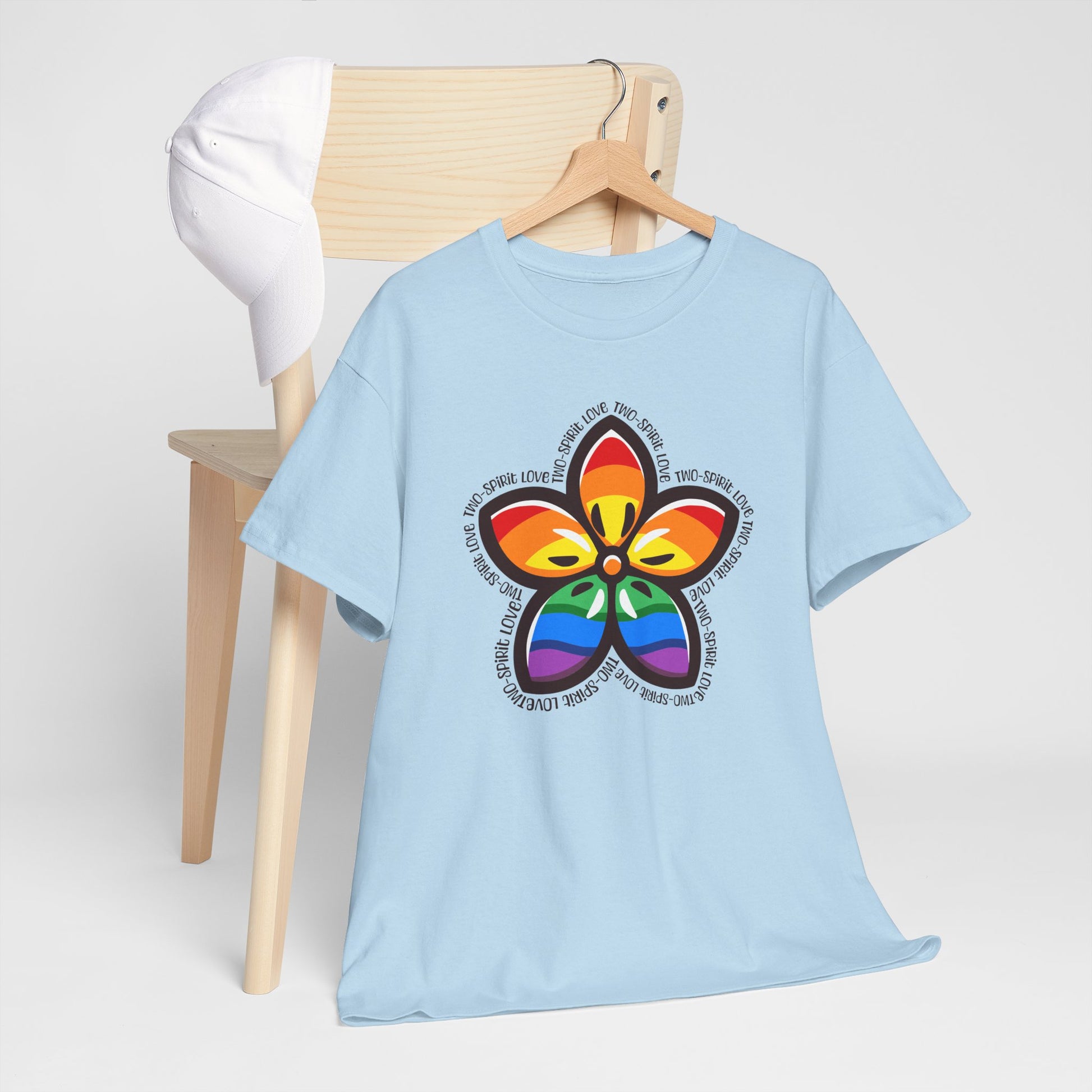 Indigenous-inspired floral design featuring rainbow Pride colours and the words Two-Spirit Love arranged around the flower symbolizing LGBTQ2S+ and Indigenous pride. Two-Spirit Love Shirt, Two-Spirit Pride Shirt, Indigenous Pride Apparel, LGBTQ2S+ Indigenous Clothing, Two-Spirit Floral Shirt, Rainbow Pride Tee, Ally-Friendly Apparel, Indigenous LGBTQ Shirt, Pride Clothing Canada, Two-Spirit Gift