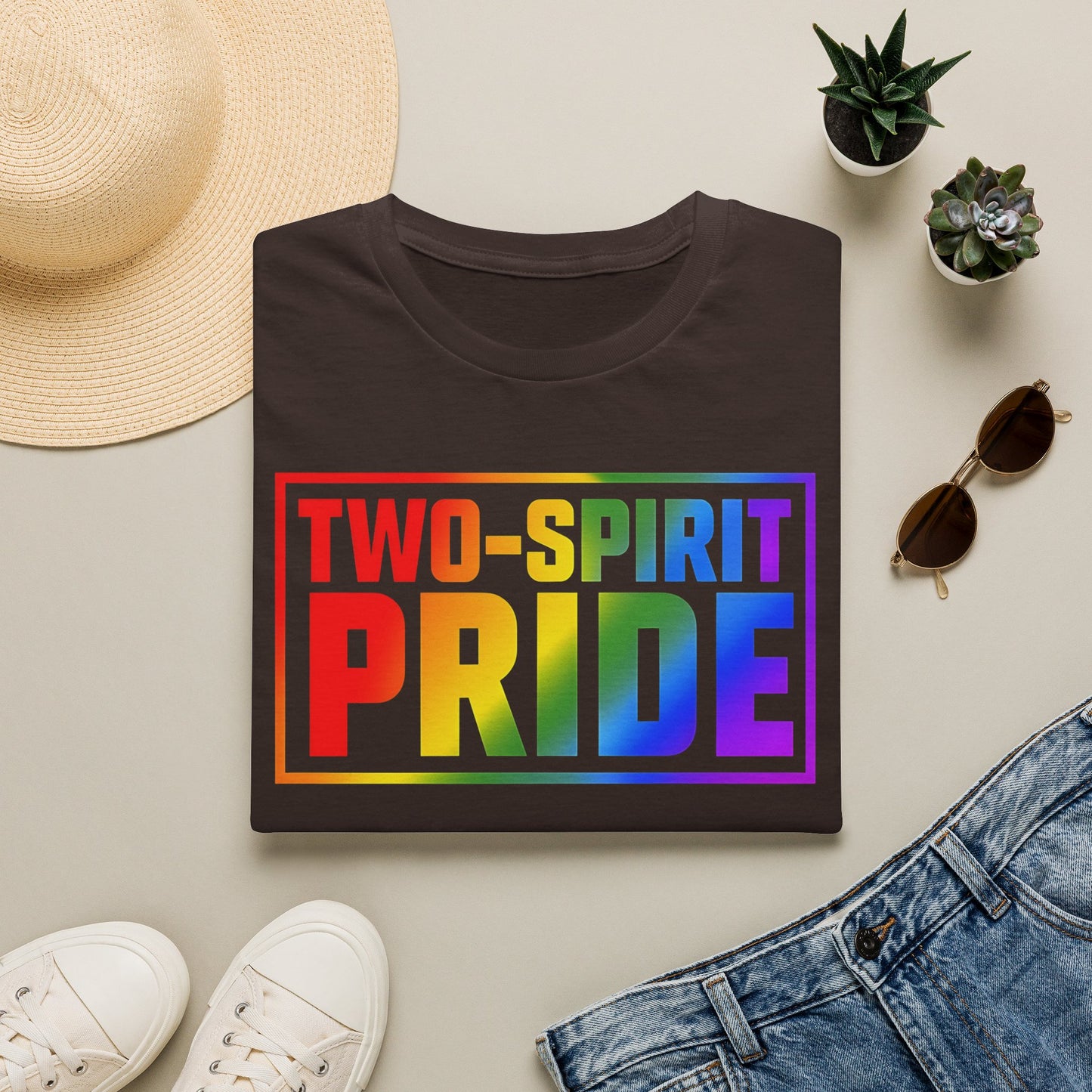 Two-Spirit Pride graphic featuring rainbow lettering and pride colours on a unisex shirt promoting LGBTQ2S+ and Indigenous visibility. Two-Spirit Pride Shirt, Two-Spirit Apparel, LGBTQ2S+ Indigenous Clothing, Indigenous Pride Shirt, Rainbow Pride Tee, Ally Friendly Pride Shirt, Two-Spirit Gift, Indigenous LGBTQ Apparel, Pride Clothing Canada, Inclusive Apparel