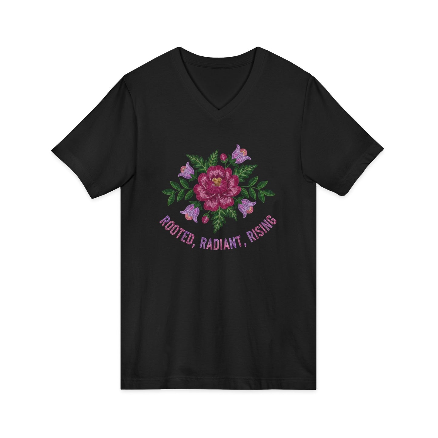 Rooted Radiant Rising Indigenous Beadwork Floral Unisex V-Neck T-Shirt