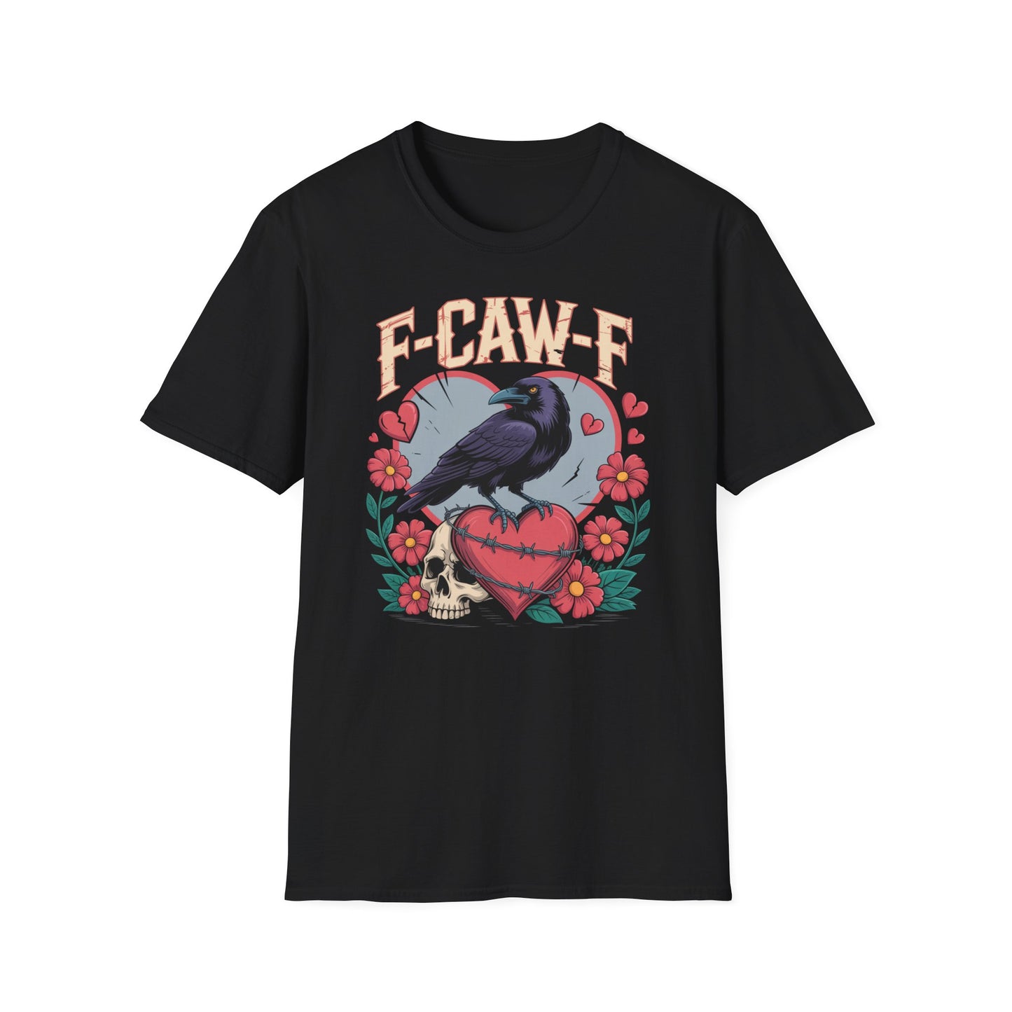 Black t-shirt with a graphic design featuring a crow, heart, and skull on a white background