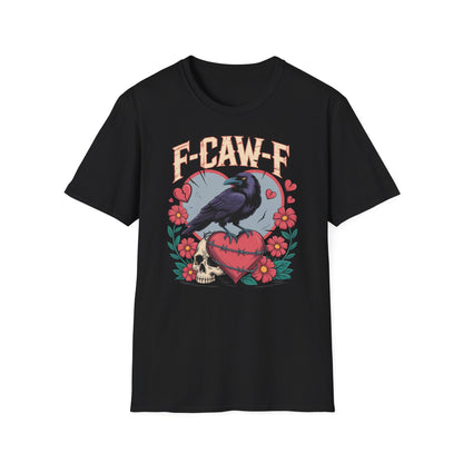 Black t-shirt with a graphic design featuring a crow, heart, and skull on a white background