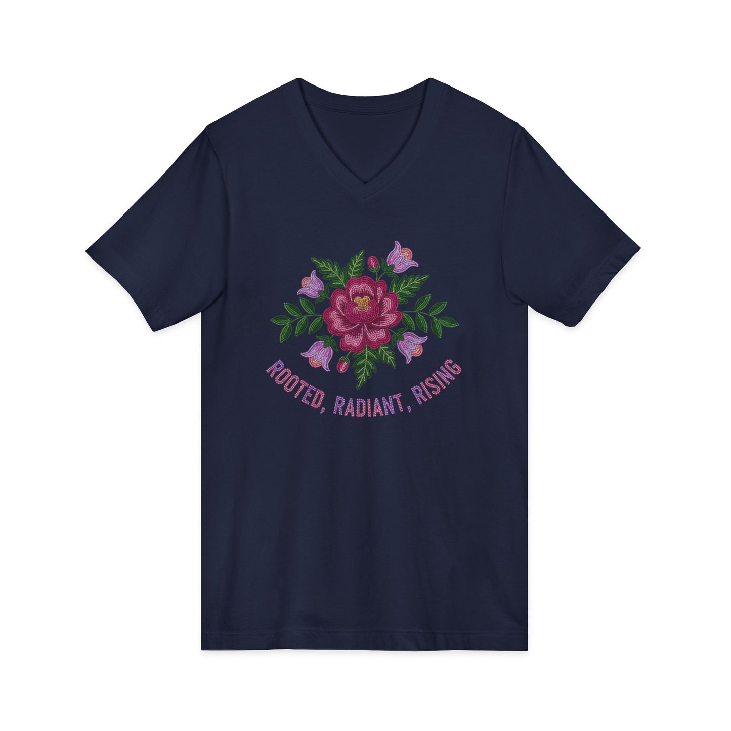 Rooted Radiant Rising Indigenous Beadwork Floral Unisex V-Neck T-Shirt