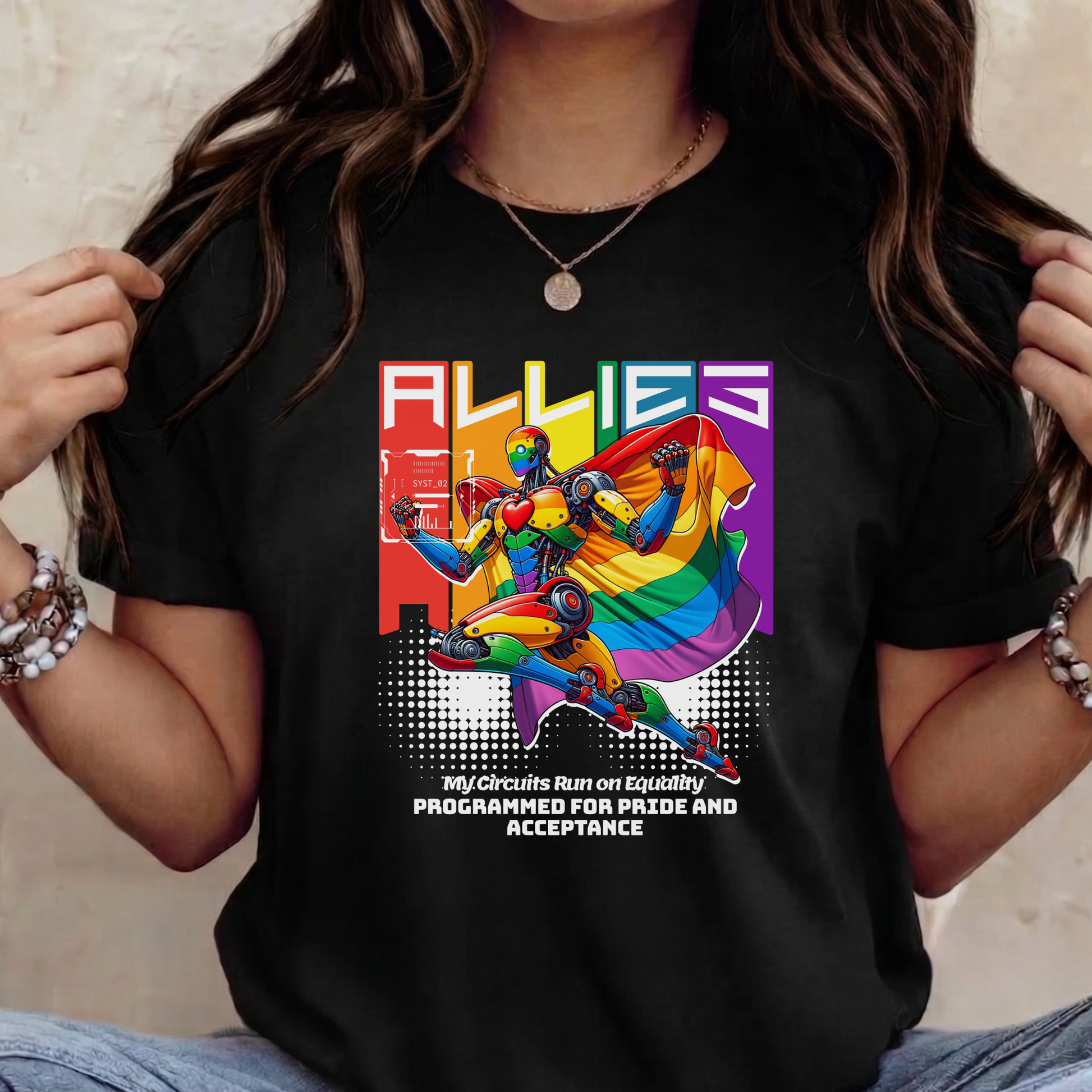 Person wearing a black t-shirt with a colorful graphic and text. allies robot shirt, pride shirt, ally shirt, LGBTQ support tee, rainbow graphic tee, equality shirt, acceptance shirt, unisex graphic tee, pride apparel, colorful robot shirt, statement tee, allyship apparel, inclusive fashion, fun pride shirt, rainbow ally shirt