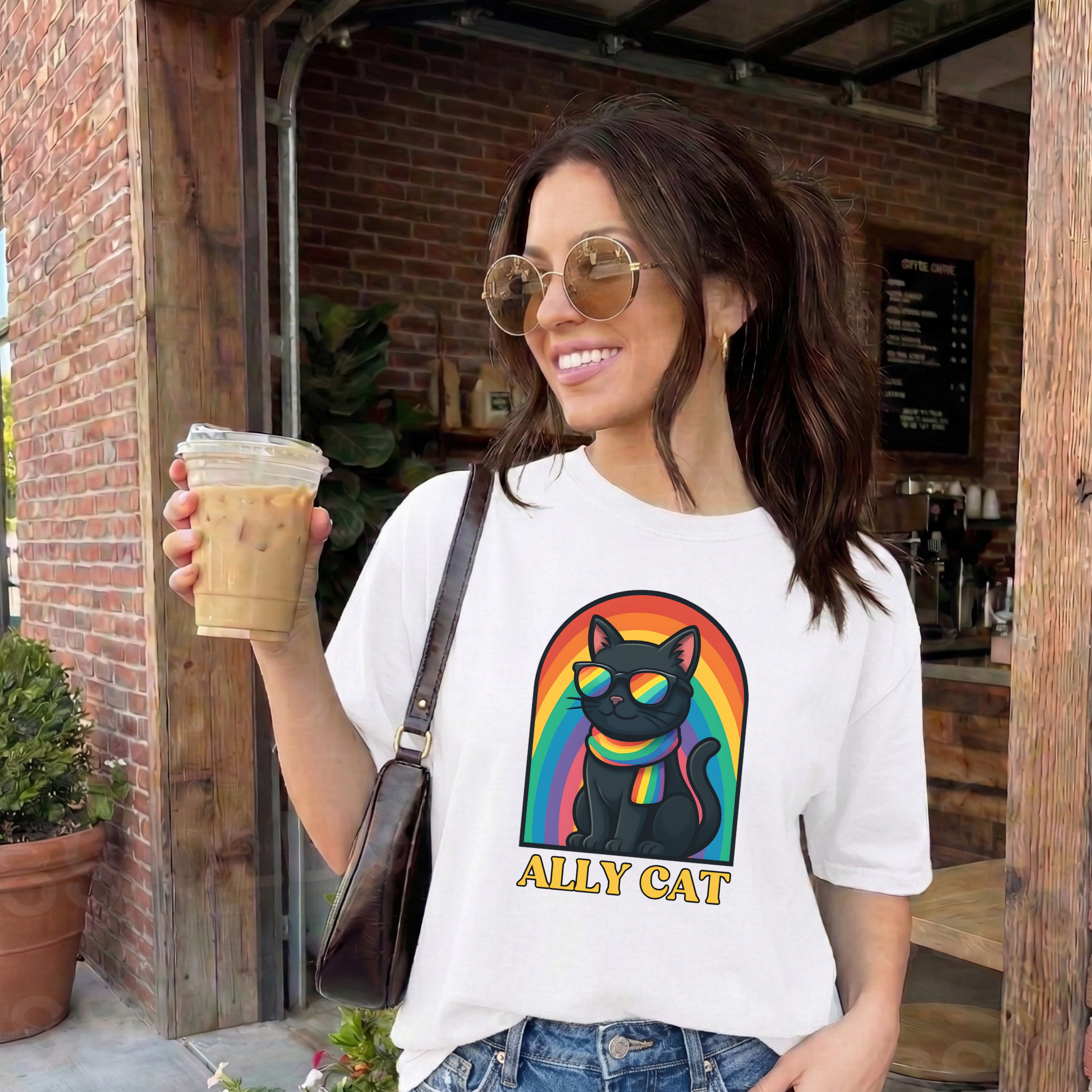 Woman wearing a 'ALLY CAT' t-shirt with a rainbow cat design, holding a coffee cup outside a cafe. ally cat shirt, rainbow cat shirt, LGBTQ ally shirt, pride cat tee, allyship shirt, cat lover shirt, unisex graphic tee, rainbow shirt, pride apparel, support LGBTQ, fun ally tee, colorful cat shirt, statement tee, cat graphic shirt, inclusive clothing