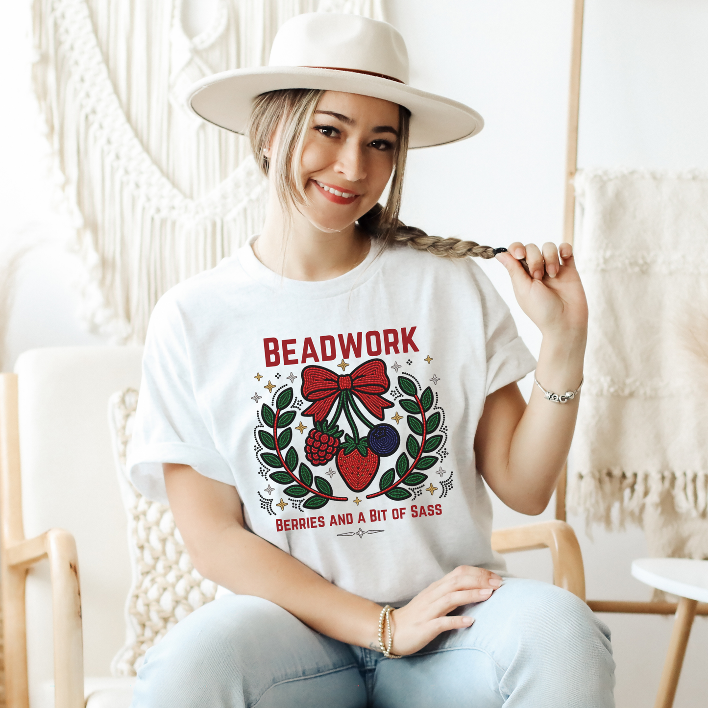 Show your love for Indigenous artistry with our Beadwork, Berries & A Bit of Sass shirt. Featuring a vibrant beadwork-inspired berry design, this soft unisex tee is perfect for powwows, markets, and everyday wear. beadwork shirt, Indigenous beadwork shirt, berry graphic tee, Indigenous fashion, beaded berry shirt, woodland inspired apparel, Indigenous artist shirt, powwow clothing, Indigenous pride shirt, Native inspired graphic tee, strawberry beadwork design, Indigenous gifts, cultural apparel, Indigenous