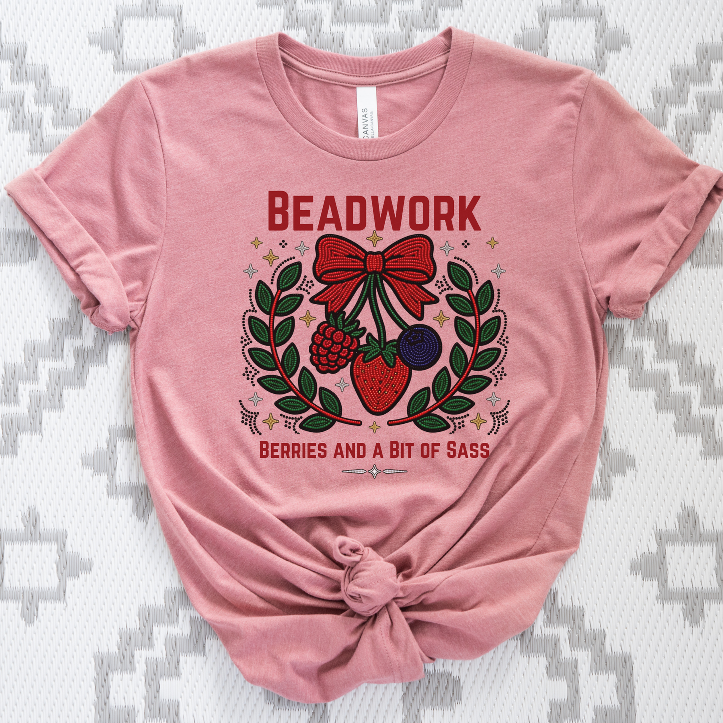 Show your love for Indigenous artistry with our Beadwork, Berries & A Bit of Sass shirt. Featuring a vibrant beadwork-inspired berry design, this soft unisex tee is perfect for powwows, markets, and everyday wear. beadwork shirt, Indigenous beadwork shirt, berry graphic tee, Indigenous fashion, beaded berry shirt, woodland inspired apparel, Indigenous artist shirt, powwow clothing, Indigenous pride shirt, Native inspired graphic tee, strawberry beadwork design, Indigenous gifts, cultural apparel, Indigenous