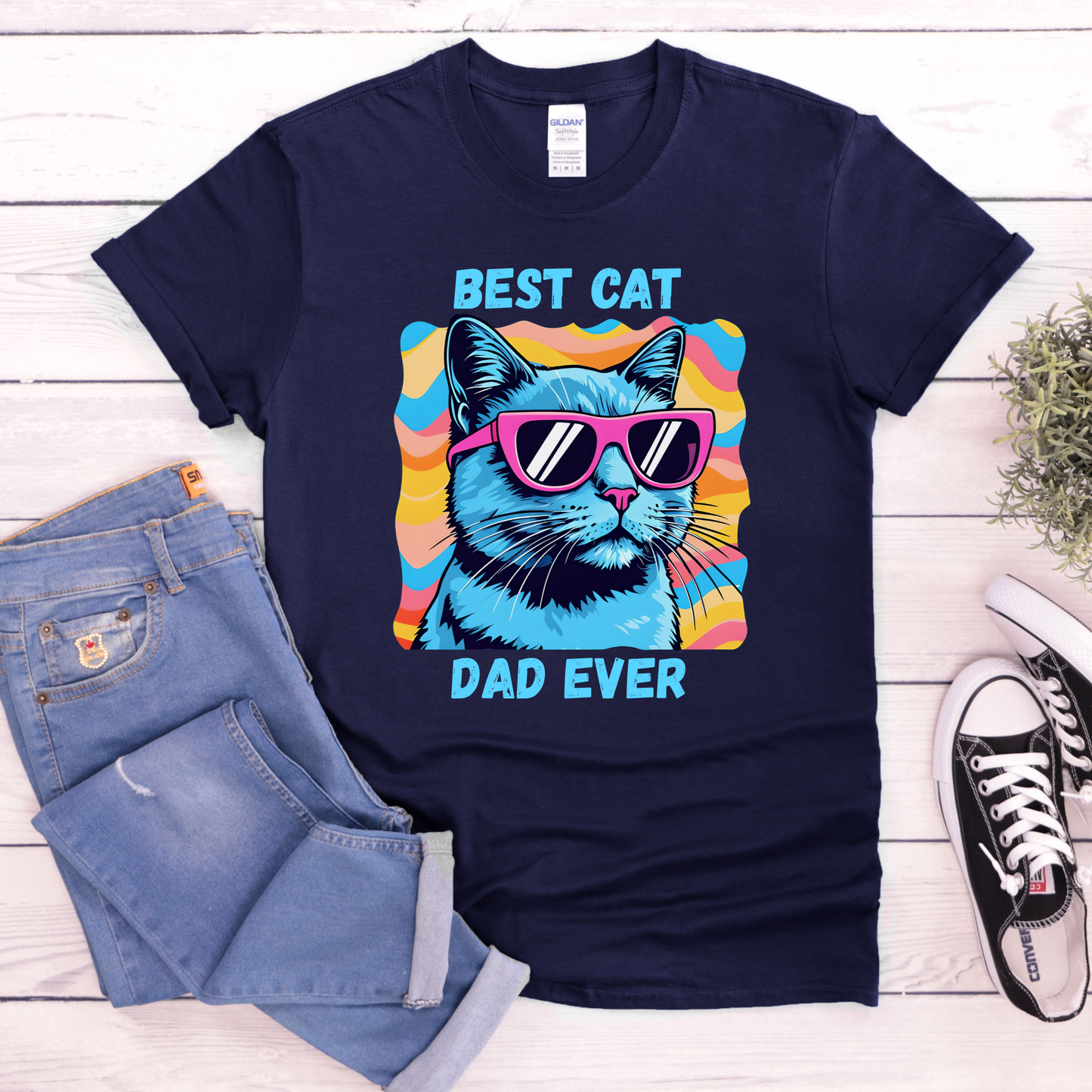 Best Cat Dad Ever shirt with colorful retro cat graphic and bold text on a unisex tee. best cat dad ever, cat dad shirt, funny cat shirt, cat lover tee, pet parent shirt, unisex graphic tee, retro cat shirt, gift for cat dad, feline lover apparel, colorful cat tee, humorous pet shirt, everyday casual tee, cat dad gift, statement shirt, cat themed shirt