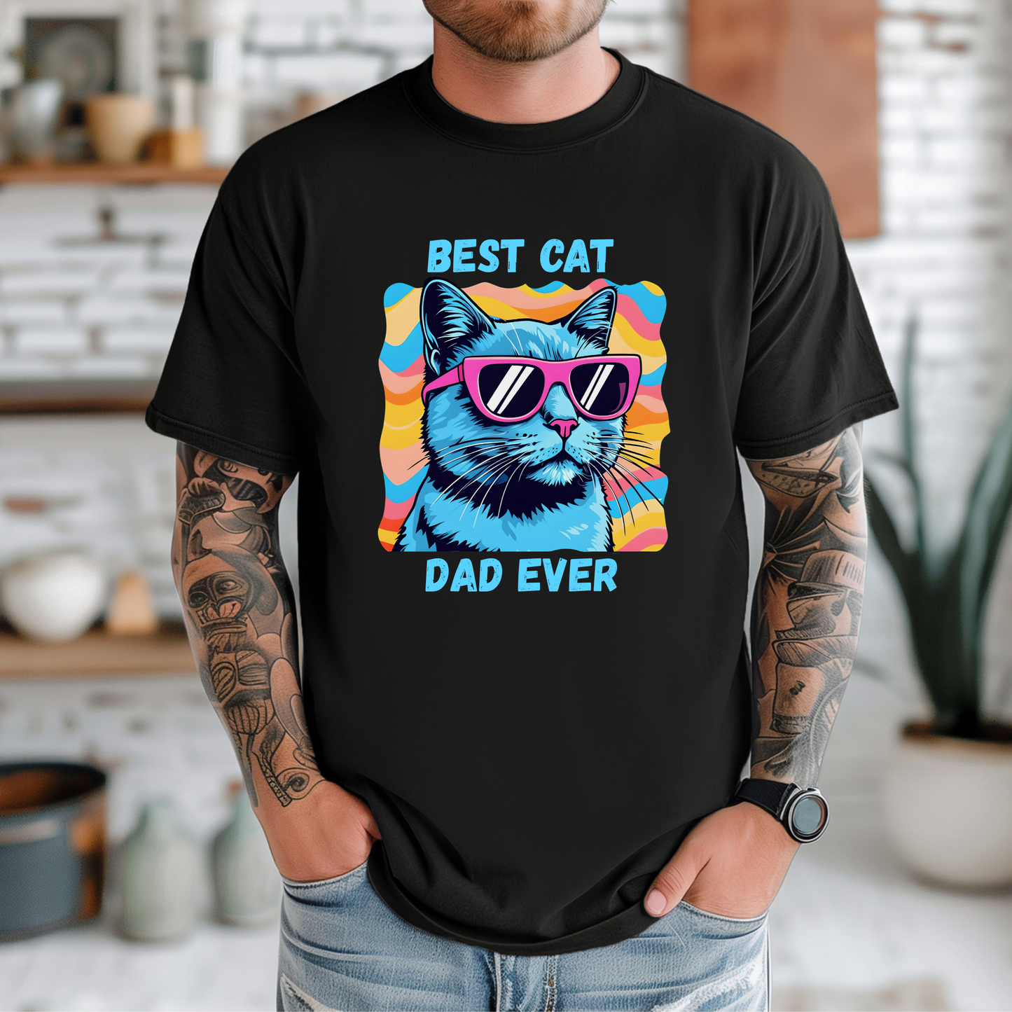 Best Cat Dad Ever shirt with colorful retro cat graphic and bold text on a unisex tee. best cat dad ever, cat dad shirt, funny cat shirt, cat lover tee, pet parent shirt, unisex graphic tee, retro cat shirt, gift for cat dad, feline lover apparel, colorful cat tee, humorous pet shirt, everyday casual tee, cat dad gift, statement shirt, cat themed shirt