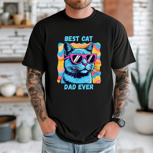 Best Cat Dad Ever shirt with colorful retro cat graphic and bold text on a unisex tee. best cat dad ever, cat dad shirt, funny cat shirt, cat lover tee, pet parent shirt, unisex graphic tee, retro cat shirt, gift for cat dad, feline lover apparel, colorful cat tee, humorous pet shirt, everyday casual tee, cat dad gift, statement shirt, cat themed shirt