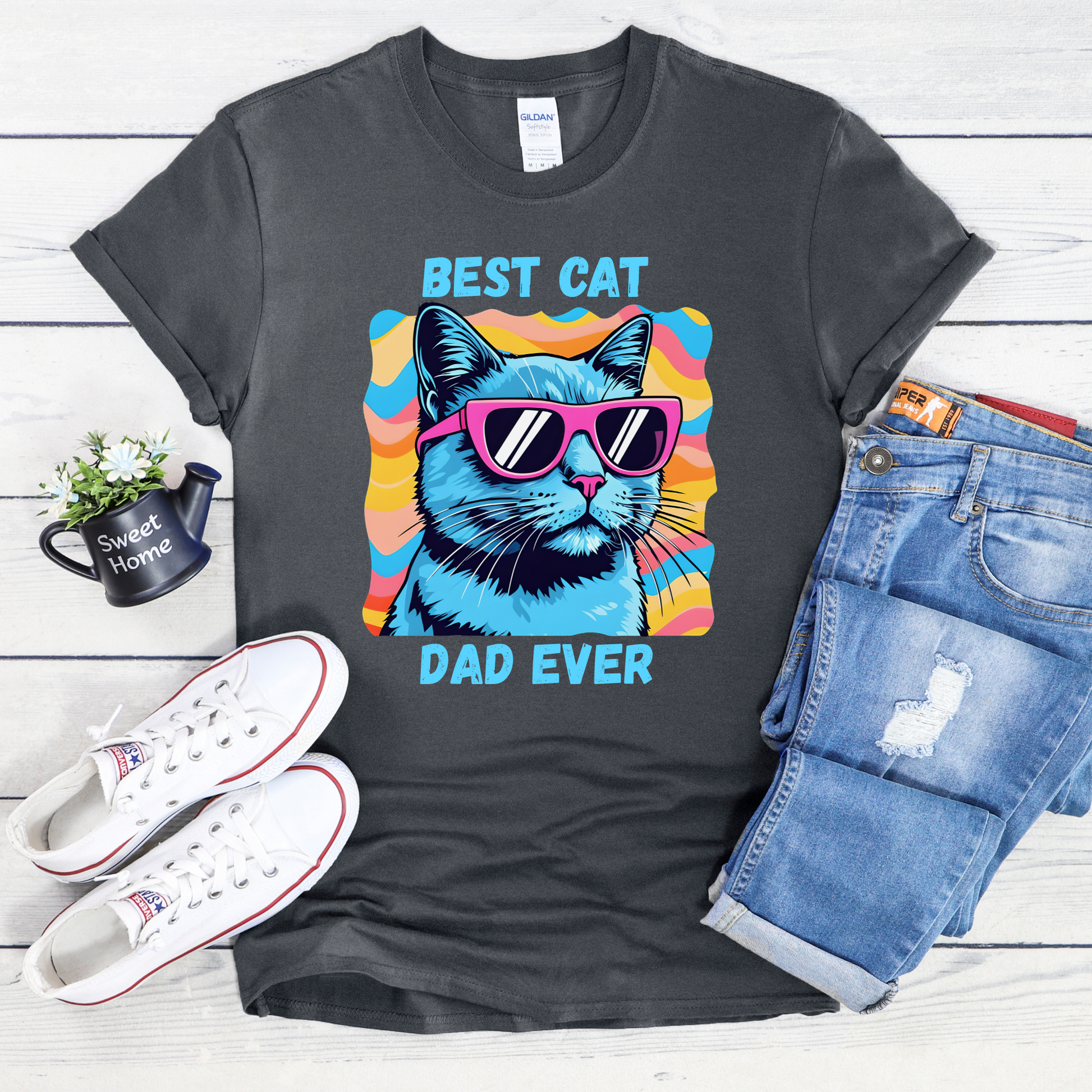 Best Cat Dad Ever shirt with colorful retro cat graphic and bold text on a unisex tee. best cat dad ever, cat dad shirt, funny cat shirt, cat lover tee, pet parent shirt, unisex graphic tee, retro cat shirt, gift for cat dad, feline lover apparel, colorful cat tee, humorous pet shirt, everyday casual tee, cat dad gift, statement shirt, cat themed shirt