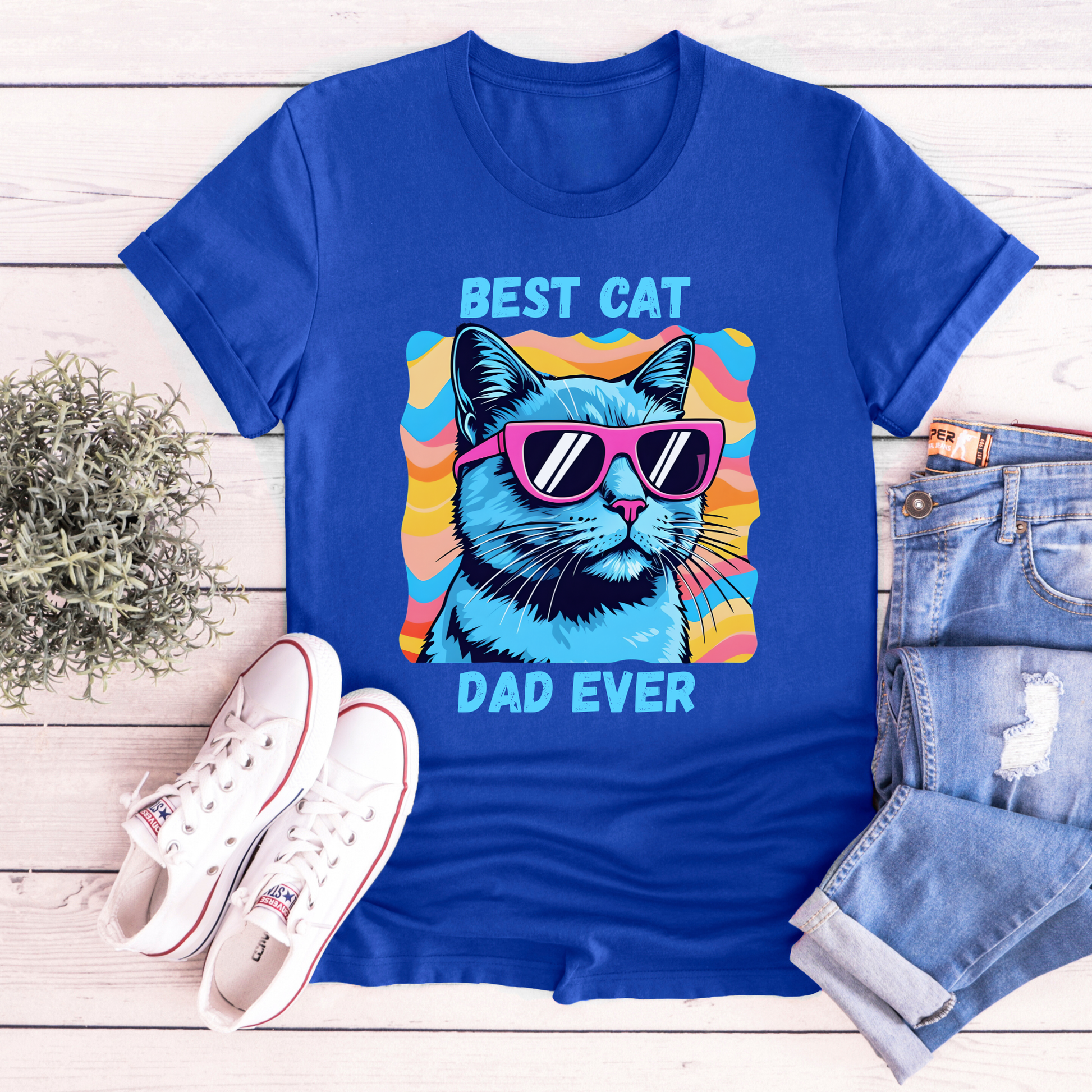 Best Cat Dad Ever shirt with colorful retro cat graphic and bold text on a unisex tee. best cat dad ever, cat dad shirt, funny cat shirt, cat lover tee, pet parent shirt, unisex graphic tee, retro cat shirt, gift for cat dad, feline lover apparel, colorful cat tee, humorous pet shirt, everyday casual tee, cat dad gift, statement shirt, cat themed shirt