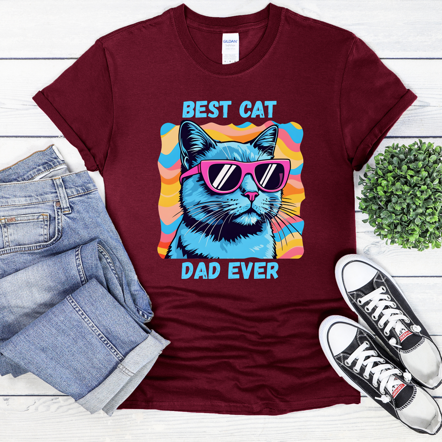 Best Cat Dad Ever shirt with colorful retro cat graphic and bold text on a unisex tee. best cat dad ever, cat dad shirt, funny cat shirt, cat lover tee, pet parent shirt, unisex graphic tee, retro cat shirt, gift for cat dad, feline lover apparel, colorful cat tee, humorous pet shirt, everyday casual tee, cat dad gift, statement shirt, cat themed shirt
