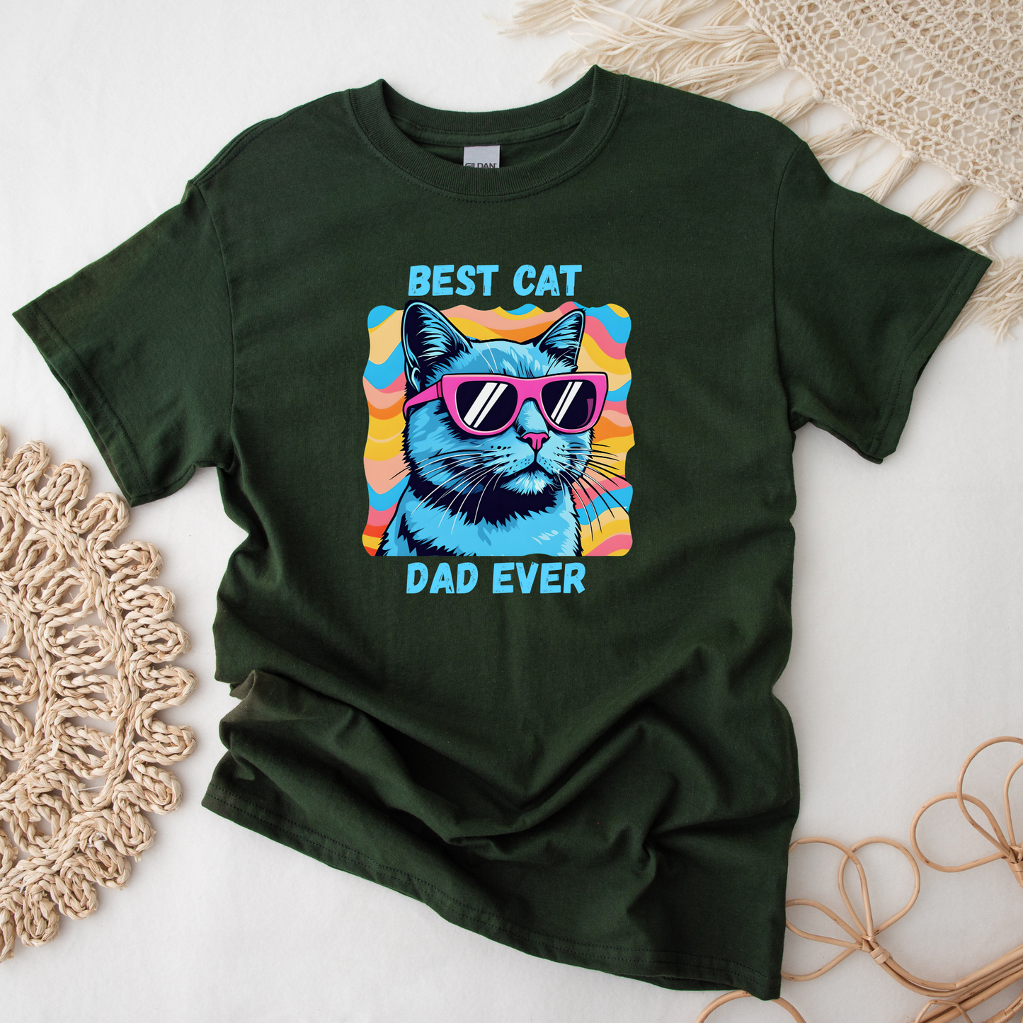 Best Cat Dad Ever shirt with colorful retro cat graphic and bold text on a unisex tee. best cat dad ever, cat dad shirt, funny cat shirt, cat lover tee, pet parent shirt, unisex graphic tee, retro cat shirt, gift for cat dad, feline lover apparel, colorful cat tee, humorous pet shirt, everyday casual tee, cat dad gift, statement shirt, cat themed shirt