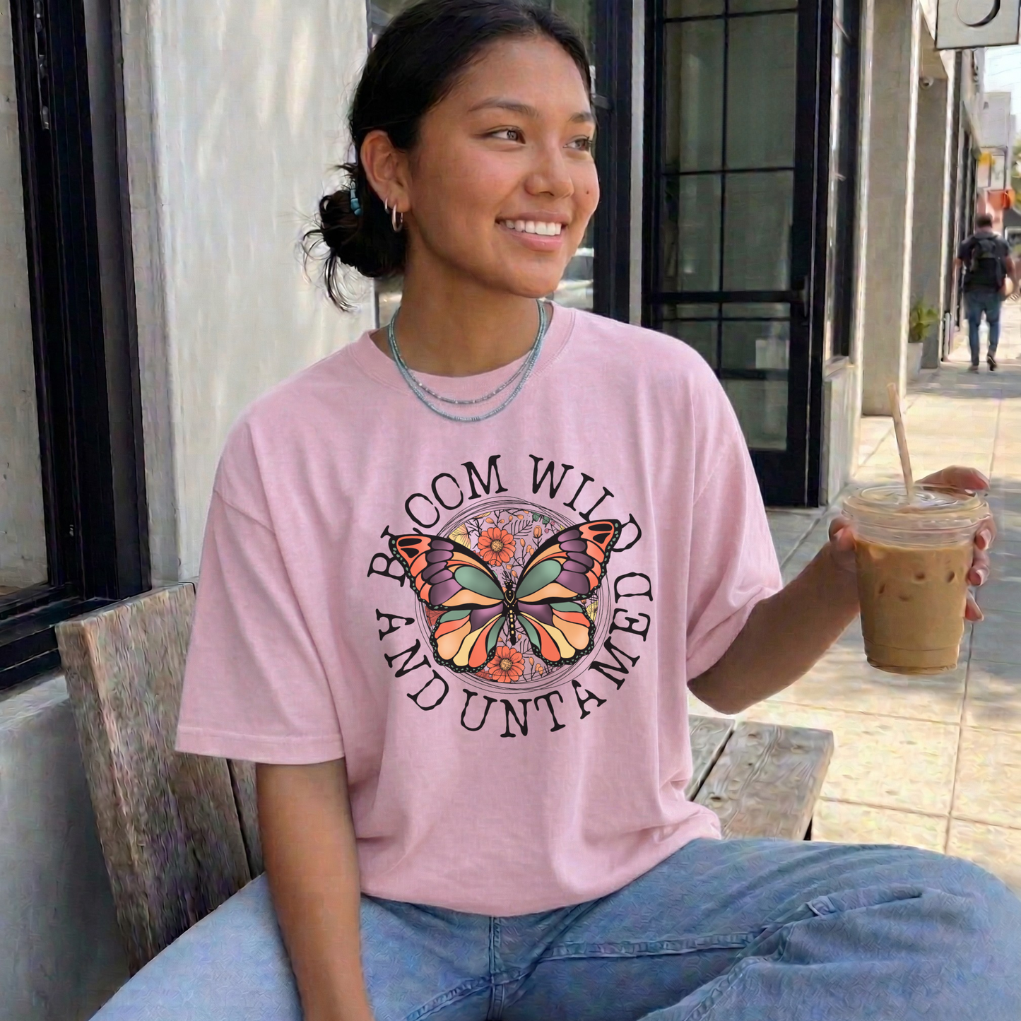 Bloom Wild And Untamed Butterfly shirt with butterfly graphic and inspirational text on a unisex tee. bloom wild and untamed, butterfly shirt, inspirational shirt, nature graphic tee, unisex t shirt, floral butterfly shirt, free spirit shirt, statement tee, everyday graphic tee, gift idea shirt, uplifting apparel, feminine butterfly tee