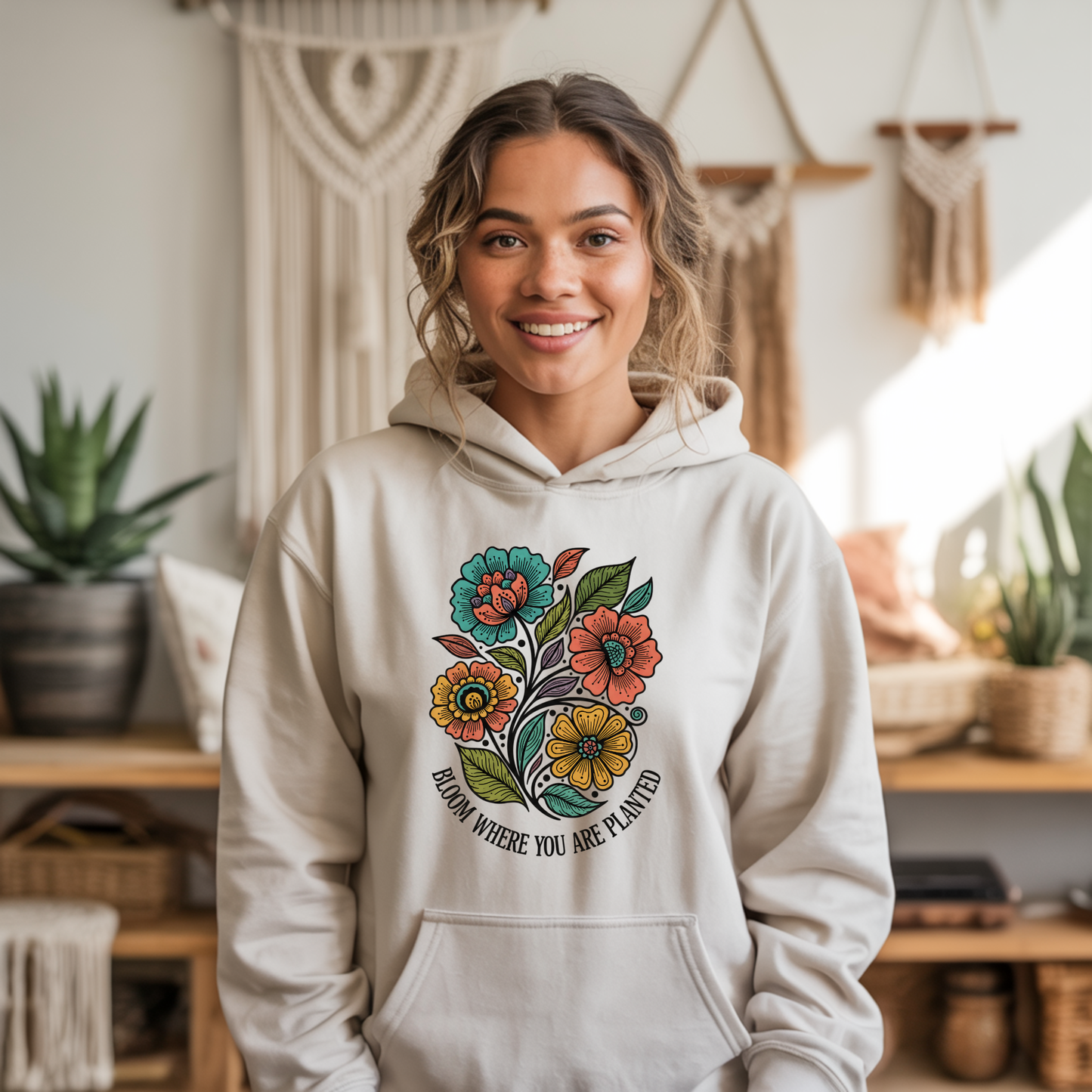 Bloom Where You Are Planted hoodie, inspirational hoodie, motivational hoodie, cozy graphic hoodie, inspirational quote clothing, Sahdeh Spruce apparel, Indigenous owned clothing brand, Indigenous owned Canadian small business, Canadian graphic hoodie, positive affirmation hoodie, made to order clothing, eco conscious apparel, inspirational gift hoodie