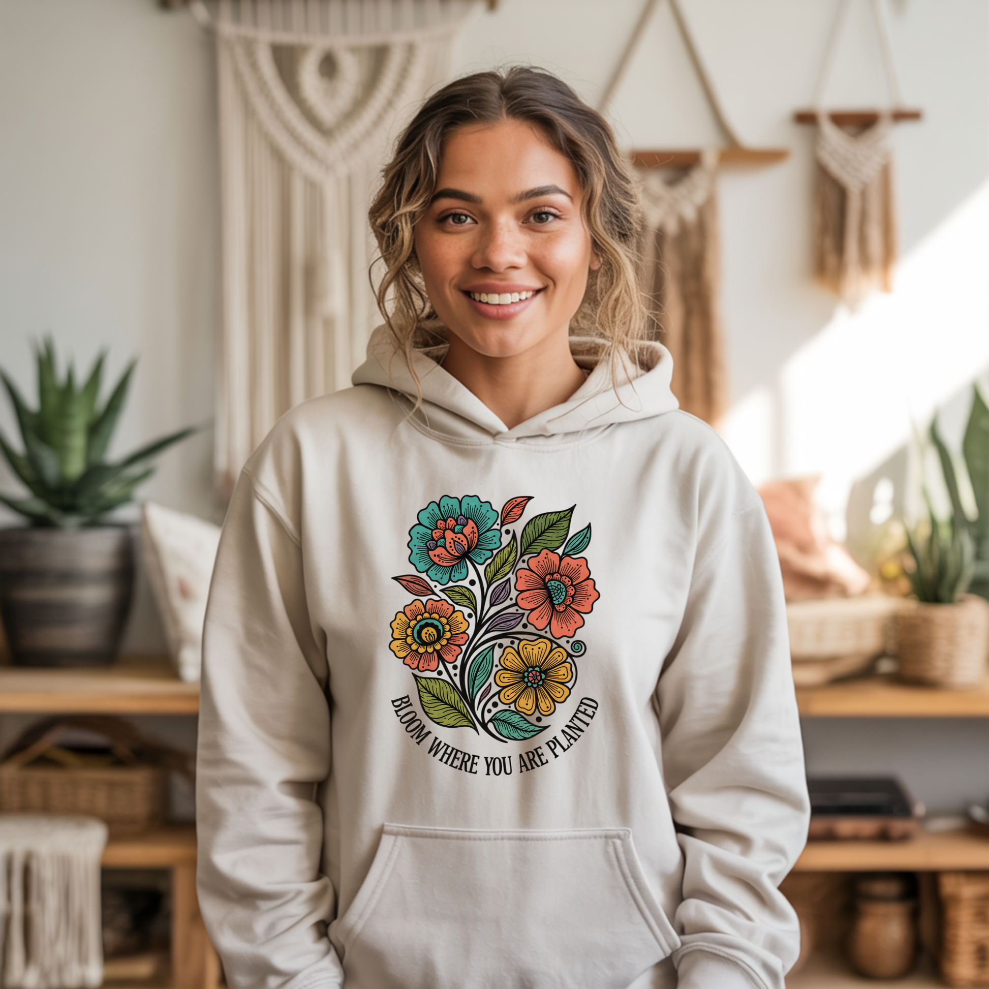Bloom Where You Are Planted hoodie, inspirational hoodie, motivational hoodie, cozy graphic hoodie, inspirational quote clothing, Sahdeh Spruce apparel, Indigenous owned clothing brand, Indigenous owned Canadian small business, Canadian graphic hoodie, positive affirmation hoodie, made to order clothing, eco conscious apparel, inspirational gift hoodie