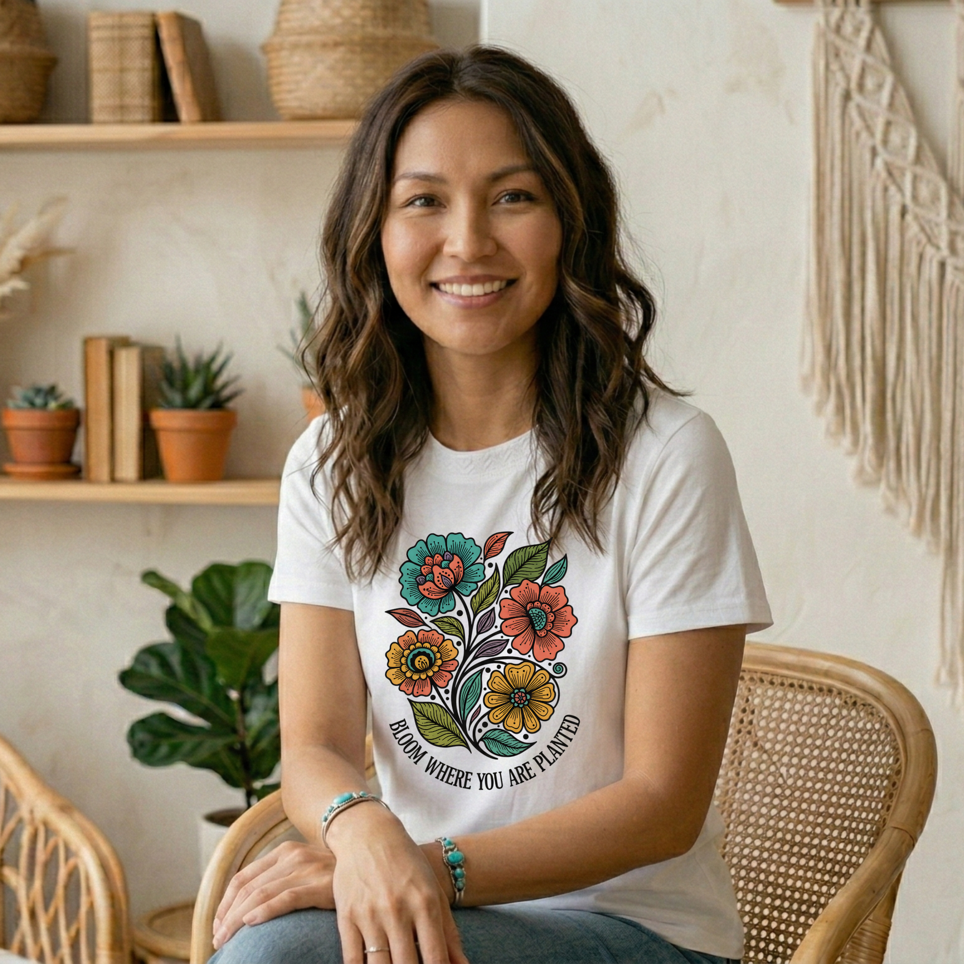 Bloom Where You Are Planted shirt, inspirational graphic tee, motivational shirt, positive affirmation clothing, plant lover shirt, inspirational quote shirt, Sahdeh Spruce, Indigenous owned clothing brand, Indigenous owned small business Canada, Canadian small business apparel, made to order clothing, eco friendly graphic tee, motivational apparel, positive message t-shirt, inspirational gift idea