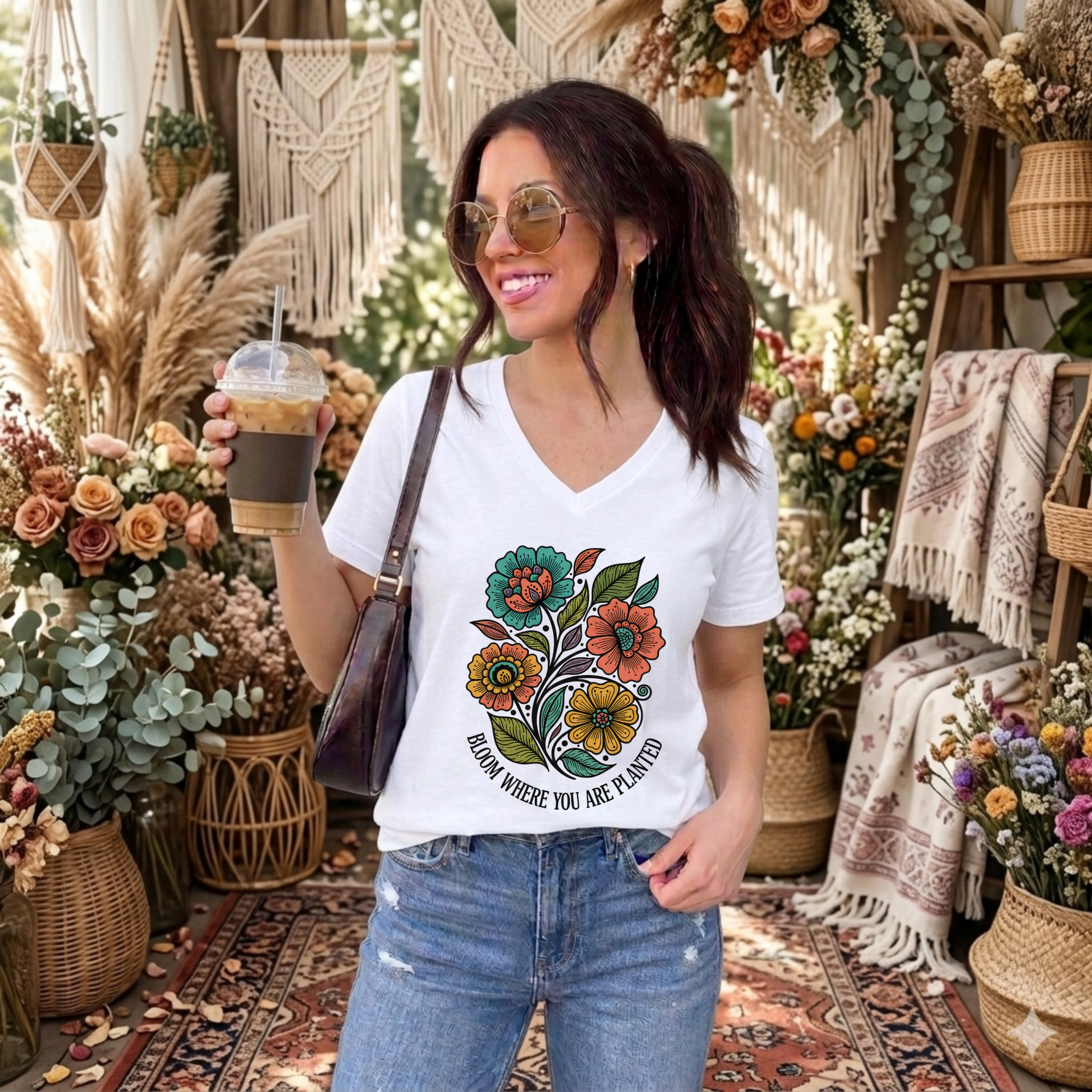 Bloom Where You Are Planted v-neck shirt, inspirational v-neck t-shirt, motivational quote shirt, inspirational graphic tee, positive affirmation clothing, Sahdeh Spruce apparel, Indigenous owned clothing brand, Indigenous owned Canadian small business, Canadian graphic t-shirt, inspirational gift idea, made to order clothing, eco conscious apparel, positive message shirt