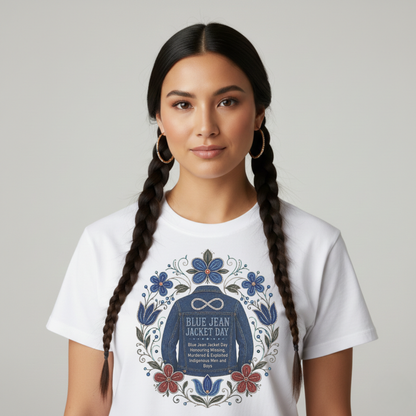 Blue Jean Jacket Day awareness design featuring a denim jacket surrounded by Indigenous-inspired floral beadwork honouring Missing, Murdered, and Exploited Indigenous Men, Boys, and Two-Spirit people. Blue Jean Jacket Day Shirt, MMEIMB Awareness Shirt, Missing Murdered Exploited Indigenous Men Boys Shirt, Indigenous Awareness Apparel, Two-Spirit Awareness Shirt, Indigenous Advocacy Clothing, Indigenous Ally Apparel, Indigenous Awareness Shirt Canada, Blue Jean Jacket Day Clothing