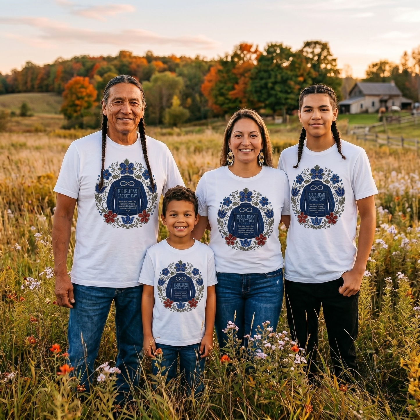 Blue Jean Jacket Day awareness design featuring a denim jacket surrounded by Indigenous-inspired floral beadwork honouring Missing, Murdered, and Exploited Indigenous Men, Boys, and Two-Spirit people