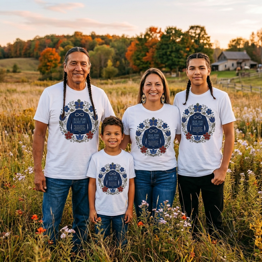 Blue Jean Jacket Day awareness design featuring a denim jacket surrounded by Indigenous-inspired floral beadwork honouring Missing, Murdered, and Exploited Indigenous Men, Boys, and Two-Spirit people