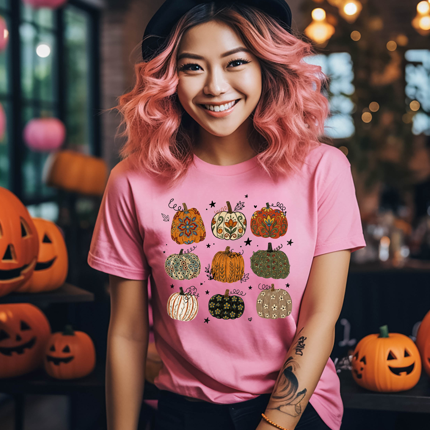 t-shirt featuring nine decorative pumpkins with Indigenous-inspired floral and botanical patterns in warm autumn colors arranged in a grid. indigenous pumpkin shirt, boho pumpkin shirt, fall pumpkin shirt, autumn graphic tee, thanksgiving shirt, indigenous inspired shirt, floral pumpkin shirt, woodland fall shirt, pumpkin patch outfit, harvest shirt, boho fall fashion, cozy autumn tee, fall aesthetic shirt, pumpkin lover gift, autumn apparel, cottagecore fall shirt, botanical pumpkin shirt