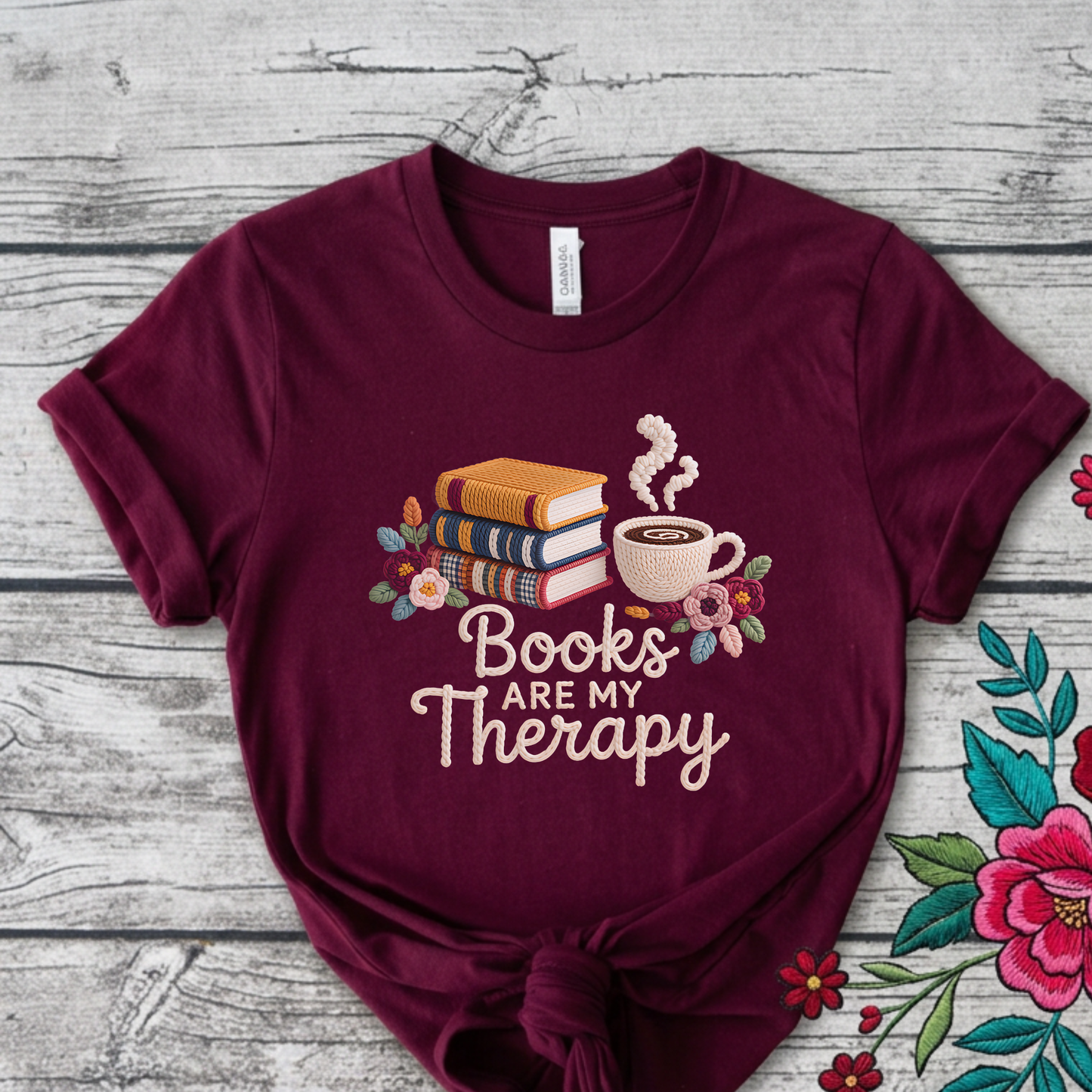 Books Are My Therapy faux crochet shirt featuring books, coffee, and floral details. A cozy book lover gift perfect for readers, librarians, teachers, and coffee lovers. books are my therapy shirt, faux crochet shirt, book lover shirt, reading shirt, bookish tee, cozy reader shirt, coffee and books shirt, librarian gift, teacher gift, introvert shirt, bibliophile shirt, book club shirt, reader gift, cozy aesthetic shirt, bookstore shirt, library shirt, literary gift, cottagecore book shirt, floral book tee