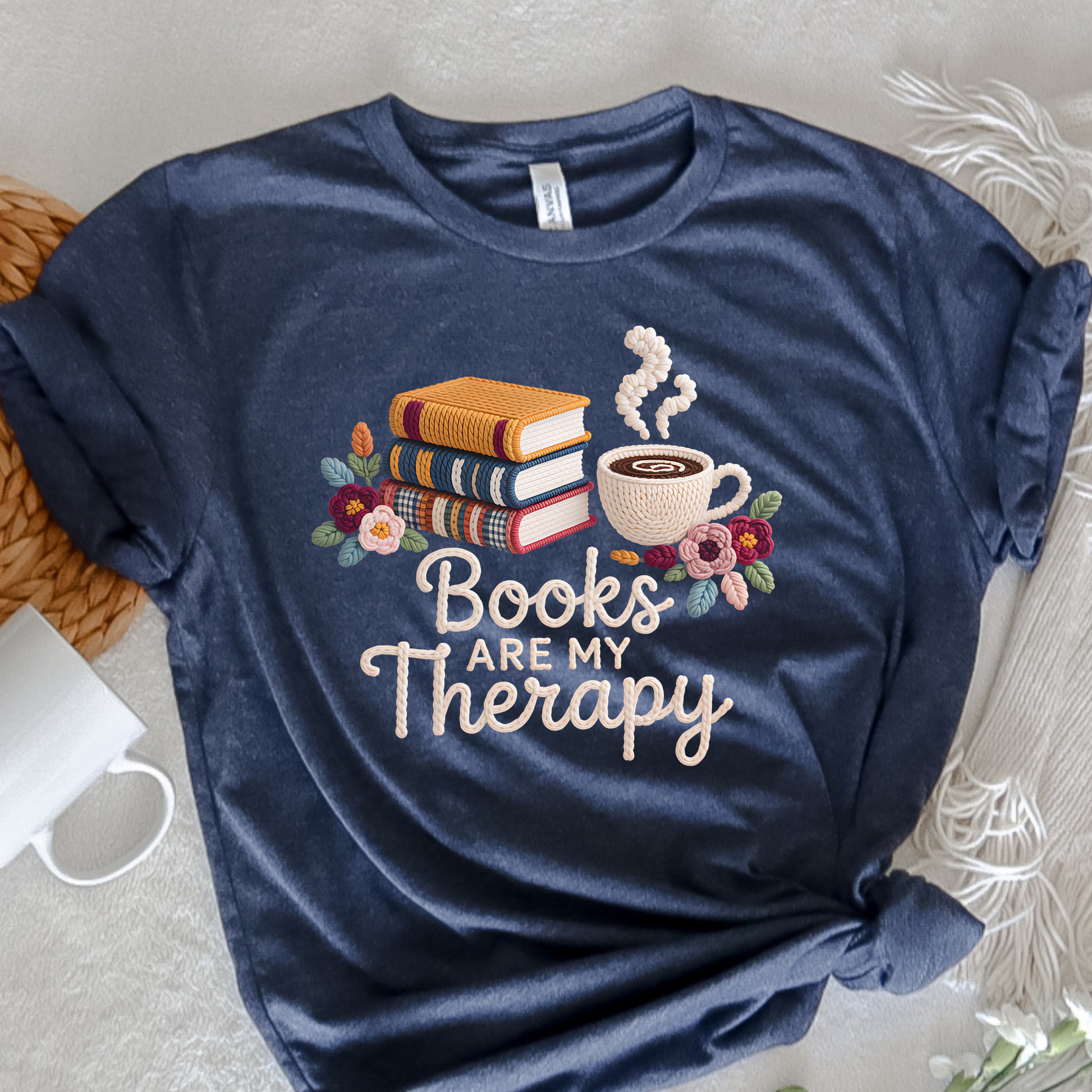 Books Are My Therapy faux crochet shirt featuring books, coffee, and floral details. A cozy book lover gift perfect for readers, librarians, teachers, and coffee lovers. books are my therapy shirt, faux crochet shirt, book lover shirt, reading shirt, bookish tee, cozy reader shirt, coffee and books shirt, librarian gift, teacher gift, introvert shirt, bibliophile shirt, book club shirt, reader gift, cozy aesthetic shirt, bookstore shirt, library shirt, literary gift, cottagecore book shirt, floral book tee