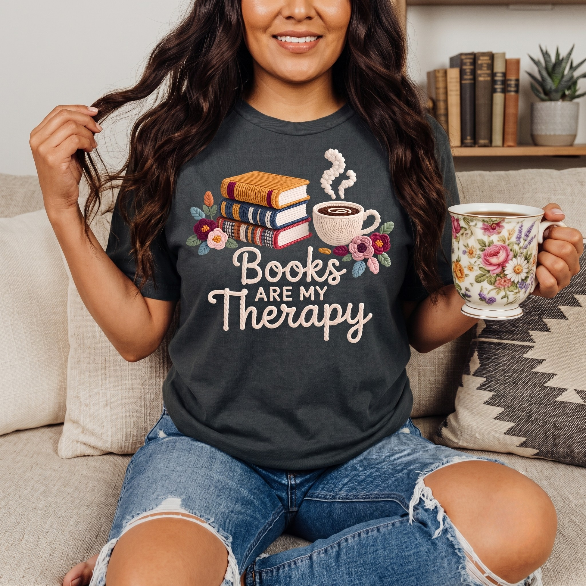 Books Are My Therapy faux crochet shirt featuring books, coffee, and floral details. A cozy book lover gift perfect for readers, librarians, teachers, and coffee lovers. books are my therapy shirt, faux crochet shirt, book lover shirt, reading shirt, bookish tee, cozy reader shirt, coffee and books shirt, librarian gift, teacher gift, introvert shirt, bibliophile shirt, book club shirt, reader gift, cozy aesthetic shirt, bookstore shirt, library shirt, literary gift, cottagecore book shirt, floral book tee