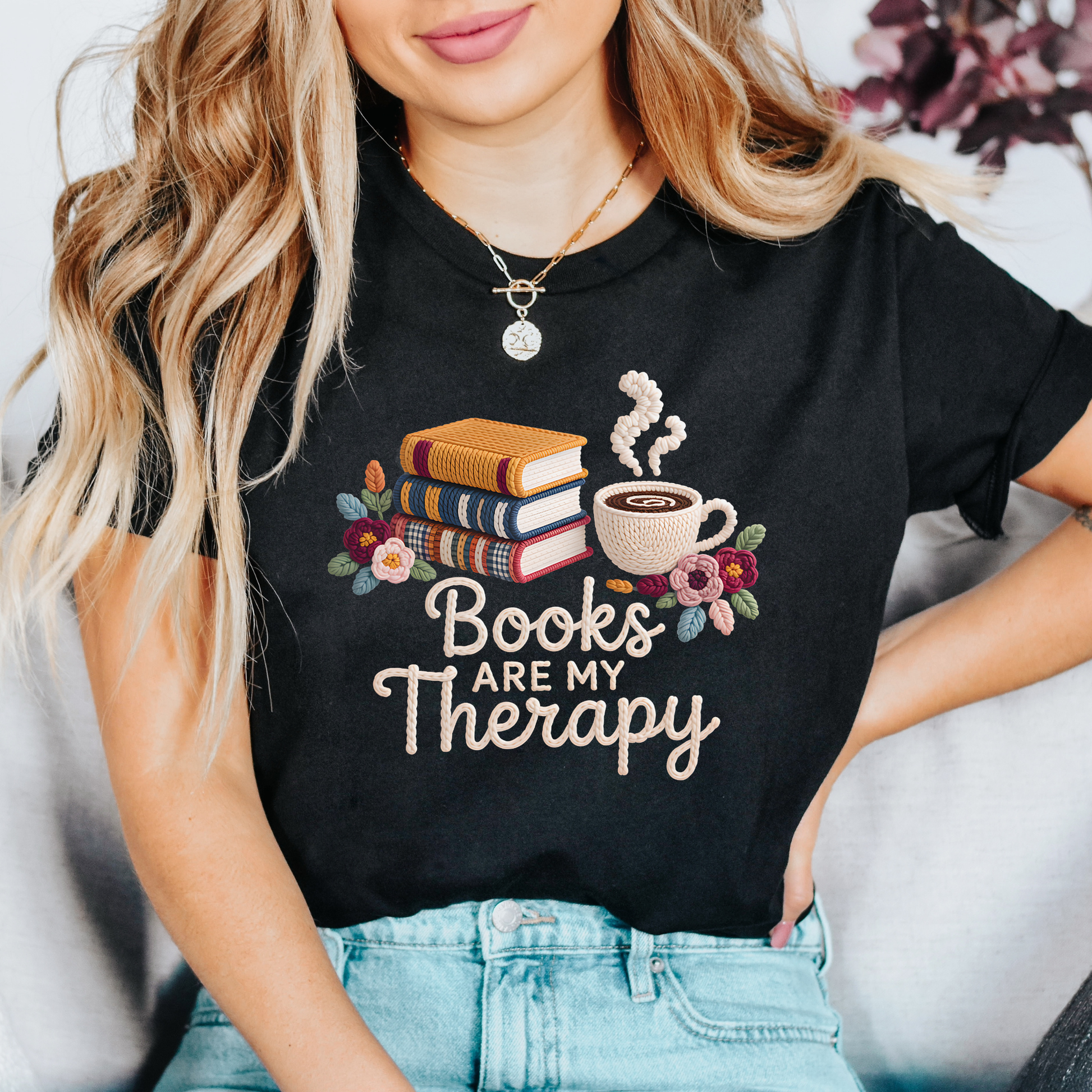 Books Are My Therapy faux crochet shirt featuring books, coffee, and floral details. A cozy book lover gift perfect for readers, librarians, teachers, and coffee lovers. books are my therapy shirt, faux crochet shirt, book lover shirt, reading shirt, bookish tee, cozy reader shirt, coffee and books shirt, librarian gift, teacher gift, introvert shirt, bibliophile shirt, book club shirt, reader gift, cozy aesthetic shirt, bookstore shirt, library shirt, literary gift, cottagecore book shirt, floral book tee