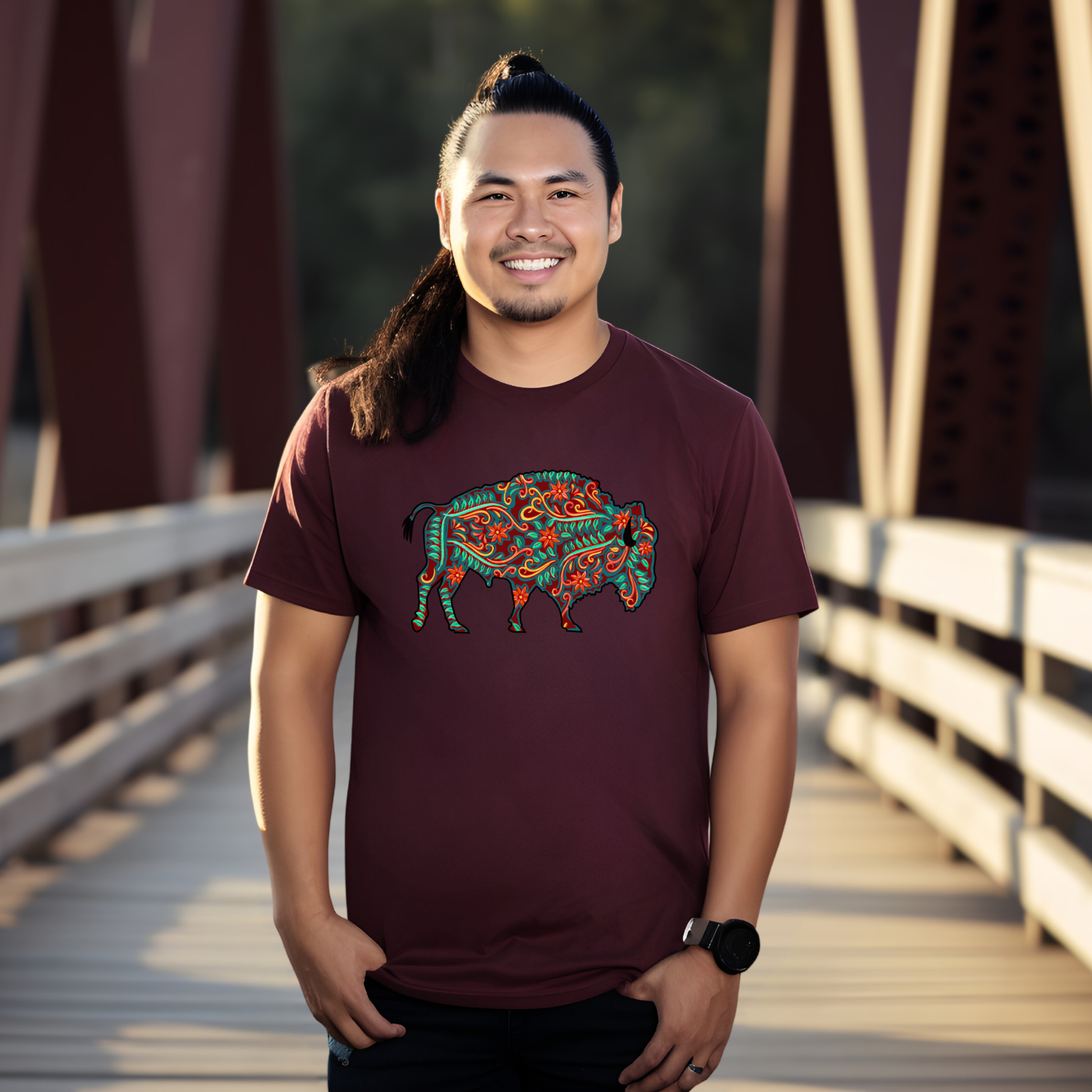 Man wearing a maroon t-shirt with a colorful graphic design on a wooden bridge. native floral buffalo shirt, indigenous buffalo shirt, floral buffalo tee, indigenous design shirt, buffalo graphic tee, native inspired apparel, cultural pride shirt, unisex indigenous tee, floral indigenous shirt, buffalo and floral shirt, indigenous owned clothing, meaningful graphic tee