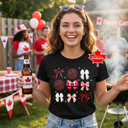 Canada Day shirt featuring red and white coquette bows, maple leaf accents, and festive fireworks graphics for a cute Canadian pride aesthetic. Canada Coquette Shirt, Canada Day Bow Shirt, Canadian Pride Shirt, Coquette Bow Tee, Cute Canada Day Shirt, Red White Bow Shirt, Canada Day Outfit, Coquette Aesthetic Shirt, Patriotic Canadian Apparel, Canada Graphic Tee