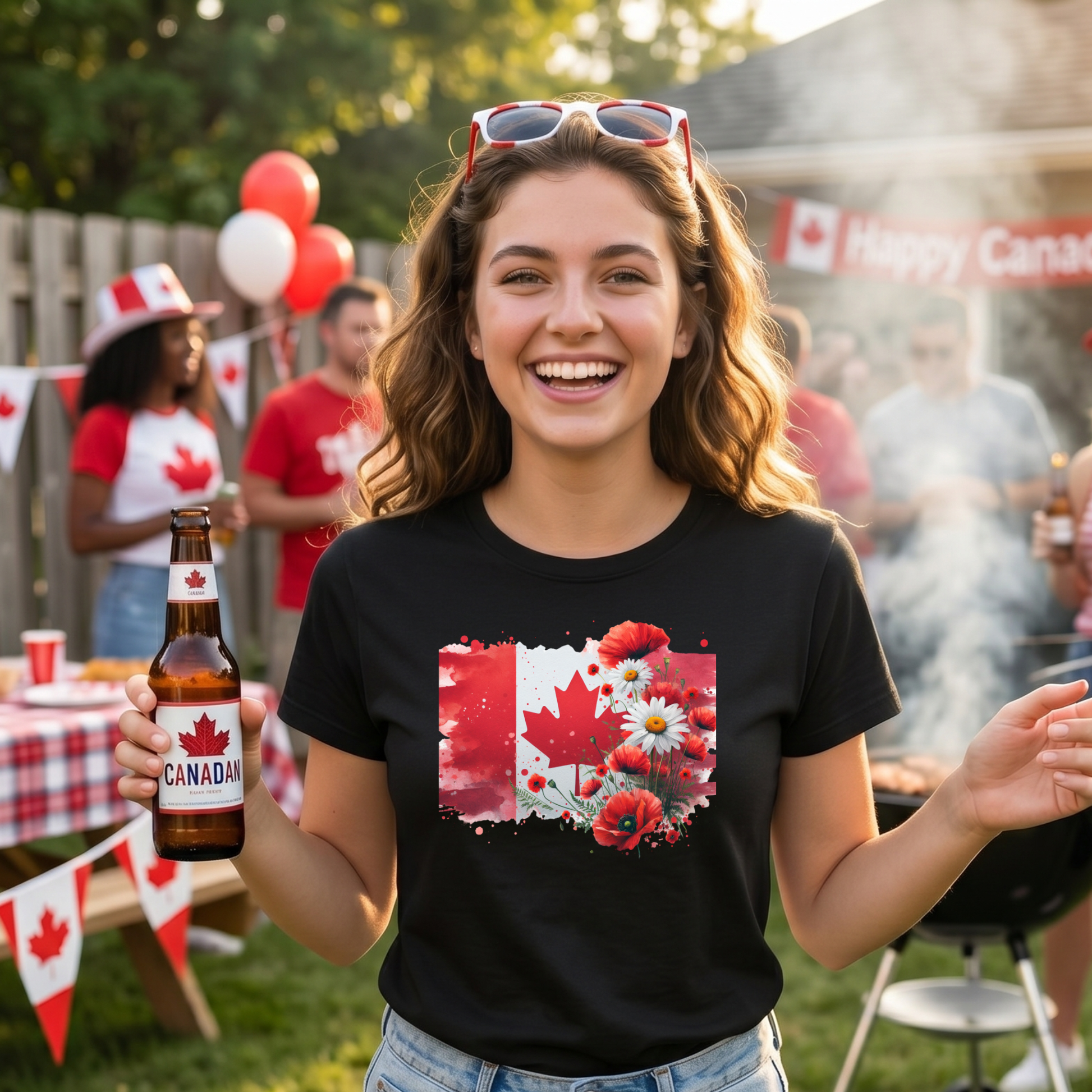unisex t-shirt featuring a watercolor-style Canadian flag with a red maple leaf surrounded by vibrant red poppies and white daisies, creating a beautiful floral Canada Day design. Canada Day floral shirt, Canadian flag t-shirt, Canada Day graphic tee, patriotic Canada shirt, floral maple leaf shirt, Canadian pride apparel, Canada Day outfit, July 1 clothing, Canadian wildflower shirt, poppy Canada shirt, daisy flag tee, summer Canada shirt, Canadian patriotic clothing, Canada gift ideas, floral Canadian app