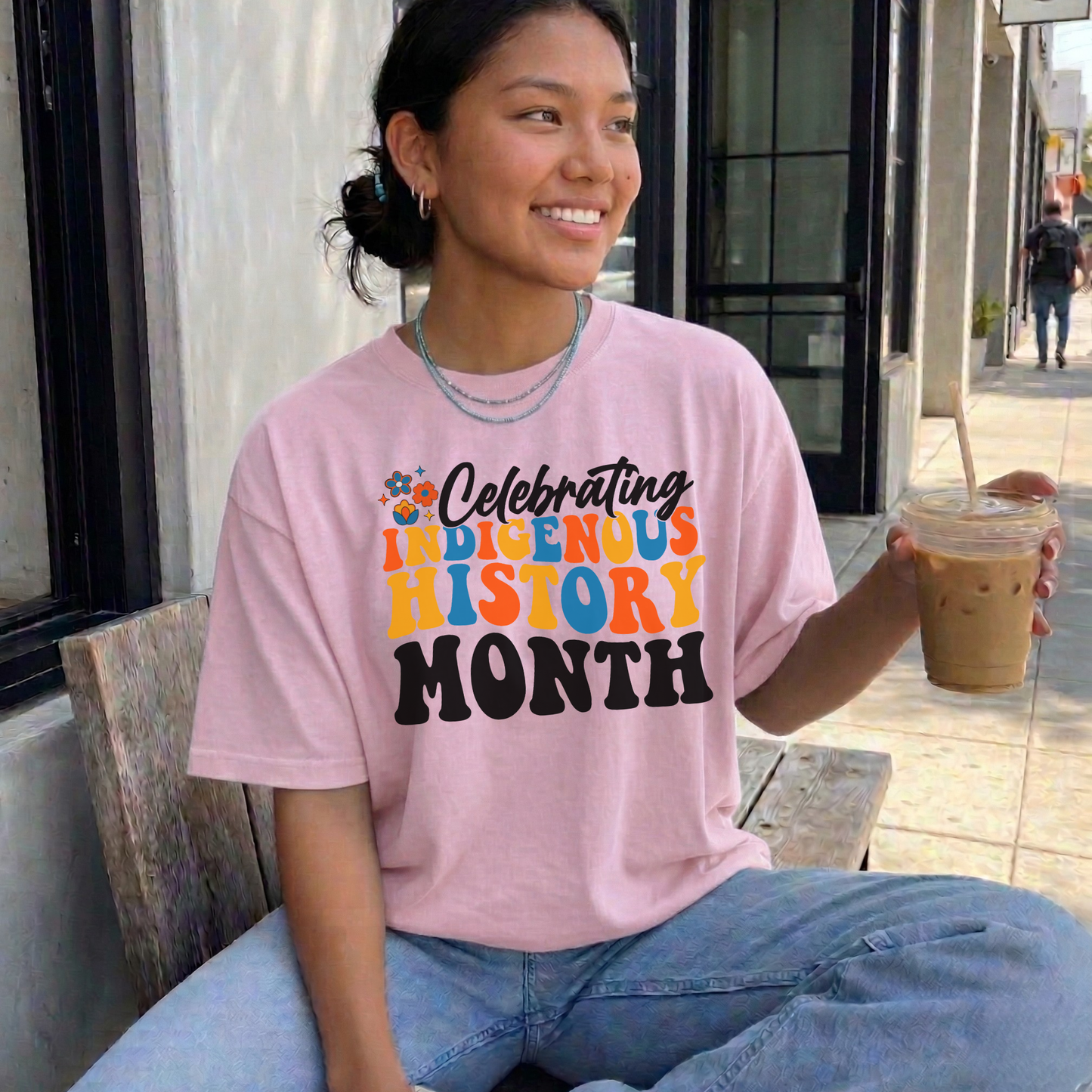 Celebrating Indigenous History Month shirt with colorful text and hand-drawn floral design on a unisex t-shirt. celebrating indigenous history month, indigenous history month shirt, hand drawn florals, sahdeh spruce design, indigenous pride tee, cultural celebration shirt, unisex graphic tee, indigenous apparel, native pride shirt, heritage clothing, meaningful statement tee, everyday wear shirt, community event shirt, indigenous month shirt, floral graphic tee