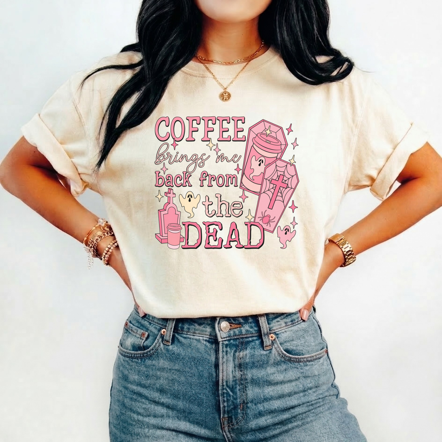 Pink Coffee Brings Me Back From The Dead Shirt featuring cute ghosts, coffee cups, coffins, stars, and spooky aesthetic artwork. coffee shirt, coffee lover shirt, spooky coffee shirt, halloween coffee shirt, ghost shirt, cute ghost shirt, pink halloween shirt, coffee brings me back from the dead, spooky cute shirt, barista shirt, fall shirt, halloween apparel, coffee aesthetic shirt, gothic cute shirt, pink ghost shirt, caffeine lover gift, spooky season shirt, witchy coffee shirt, halloween lover gift