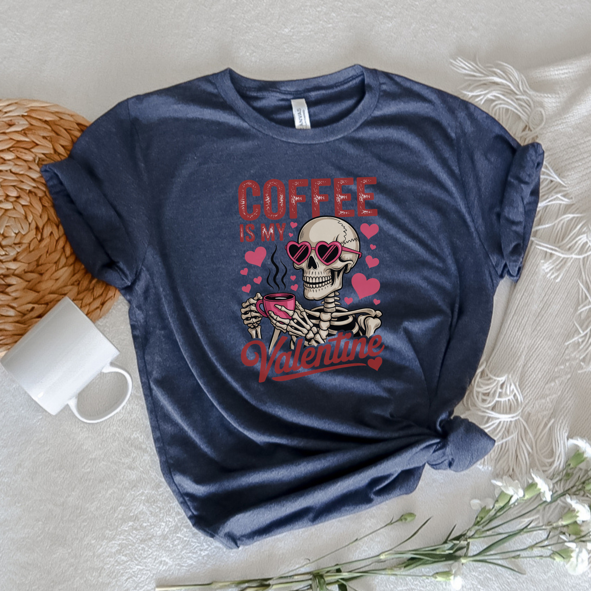Navy blue t-shirt with skeleton design and 'Coffee is my Valentine' text on a textured surface. coffee shirt, coffee lover tee, valentine shirt, funny valentine shirt, coffee is my valentine, cute coffee shirt, unisex graphic tee, caffeine shirt, gift for coffee lover, funny t shirt, casual tee, valentines day shirt