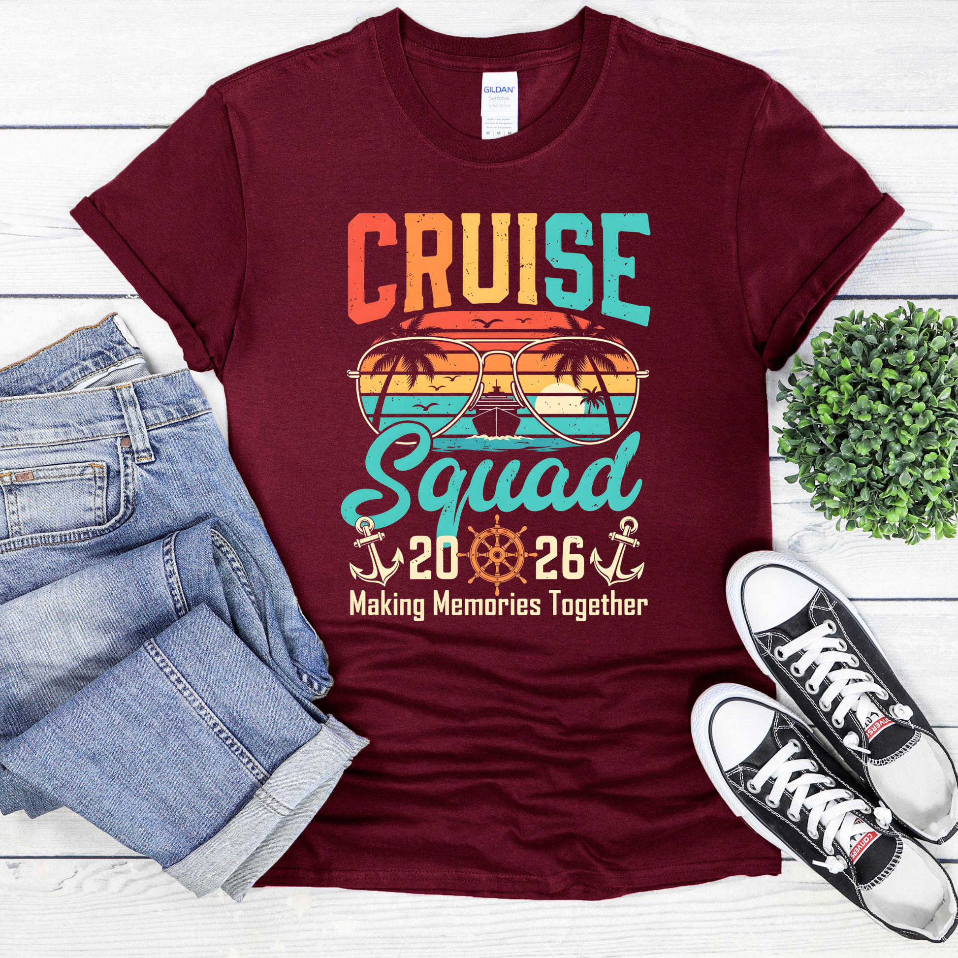 Cruise Squad 2026 unisex t-shirt with cruise, aviator sunglasses, anchor design