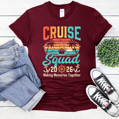 Cruise Squad 2026 unisex t-shirt with cruise, aviator sunglasses, anchor design