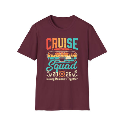 Cruise Squad 2026 unisex t-shirt with cruise, aviator sunglasses, anchor design