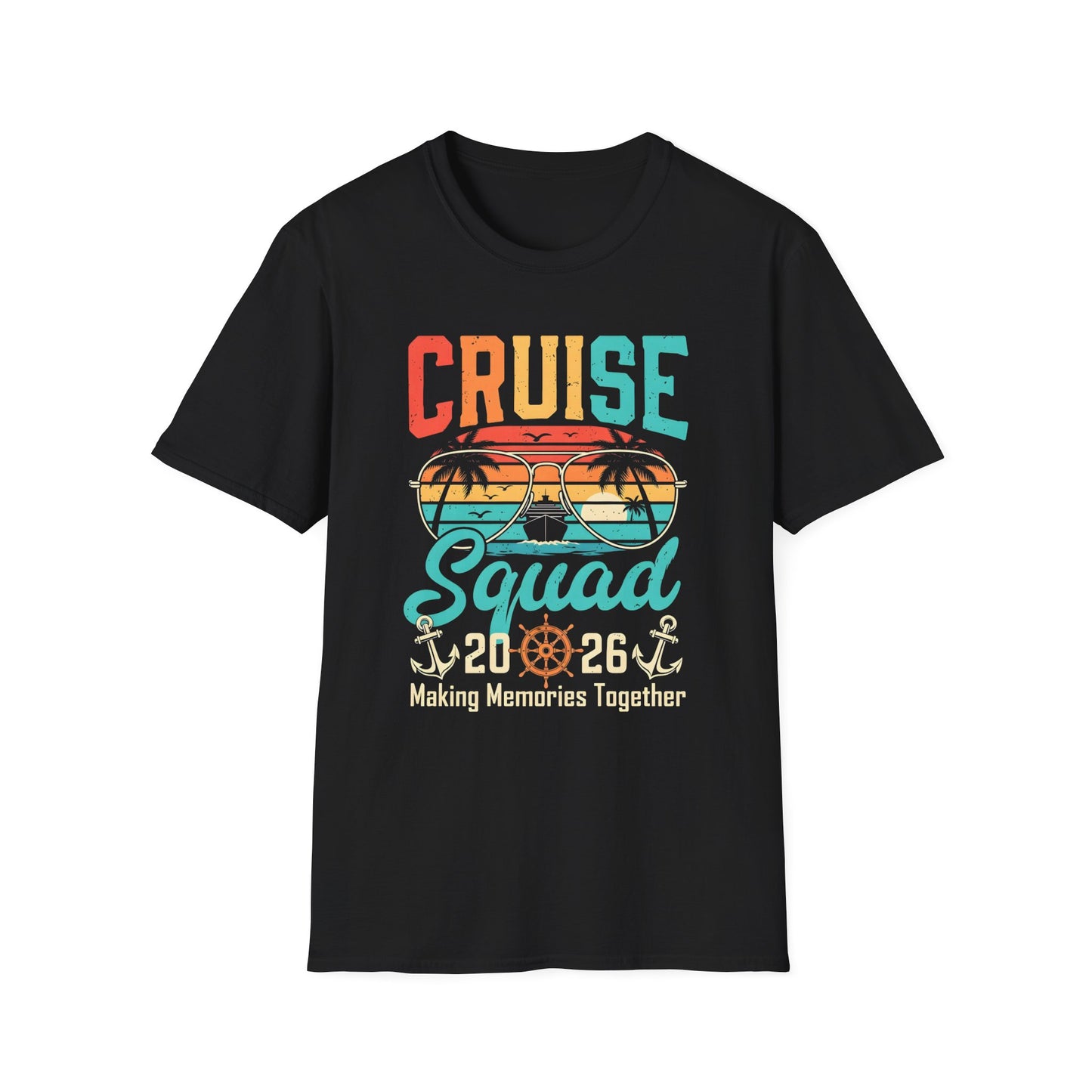 Cruise Squad 2026 unisex t-shirt with cruise, aviator sunglasses, anchor design