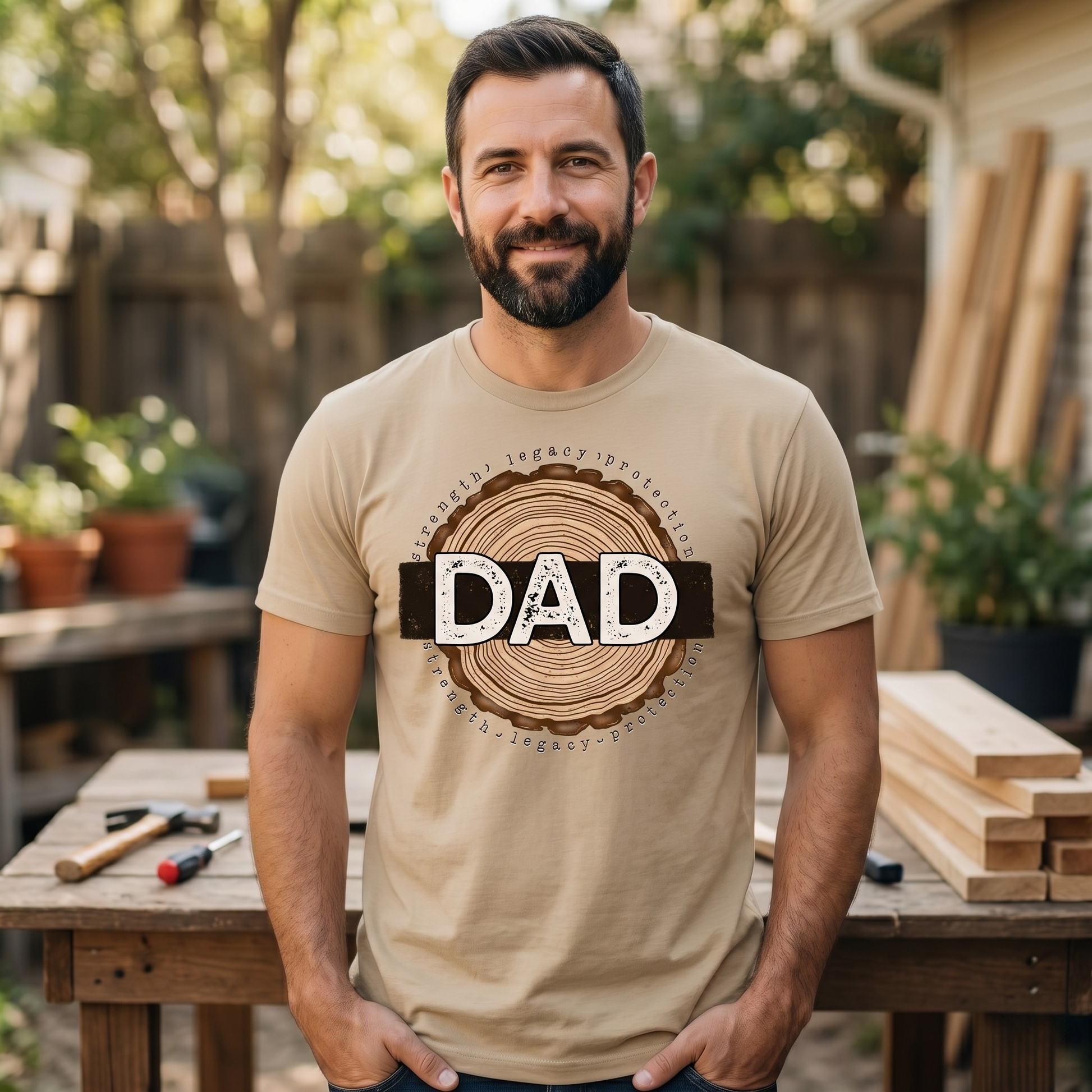 Dad shirt with woodgrain design and the words strength, legacy, protection on a unisex t-shirt. dad shirt, strength legacy protection, father shirt, unisex graphic tee, father’s day shirt, meaningful dad tee, rustic dad shirt, family apparel, dad gift, masculine graphic tee, everyday wear shirt, bold dad design, protective father shirt, legacy shirt, dad lifestyle tee