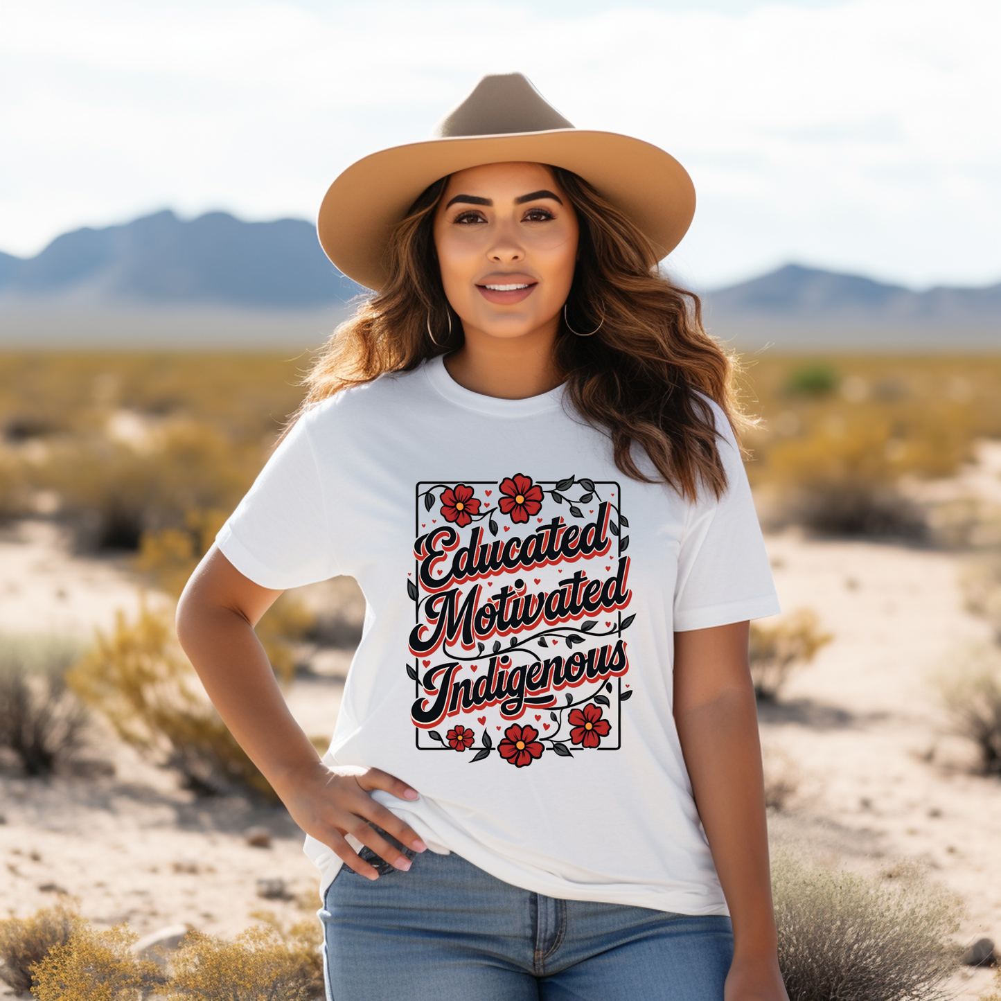 educated Motivated Indigenous graphic t-shirt with red flowers and vines, Indigenous empowerment design