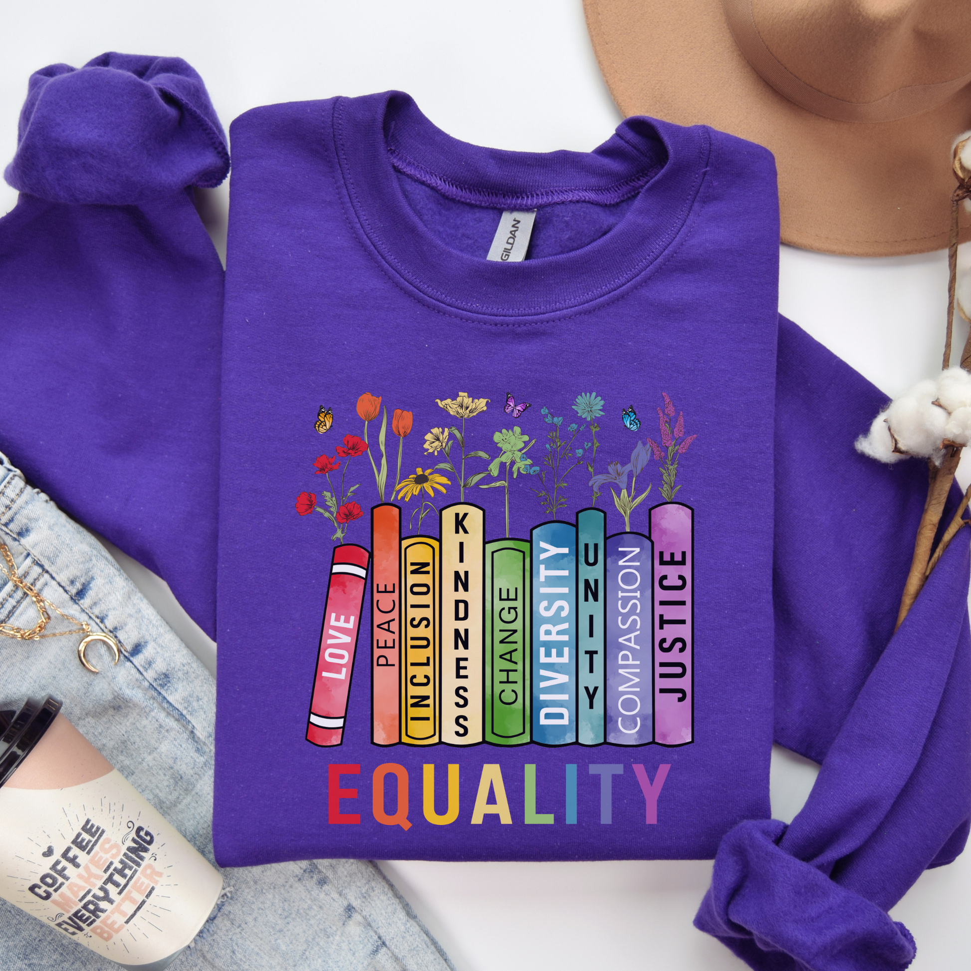 equality book sweatshirt, equality bookstack crewneck, rainbow equality sweatshirt, diversity and inclusion sweater, kindness justice compassion sweatshirt, teacher equality sweatshirt, librarian equality pullover, book lover pride sweatshirt, LGBTQ ally rainbow sweatshirt, social justice graphic crewneck, inclusive classroom apparel, unisex equality sweater, rainbow book design sweatshirt